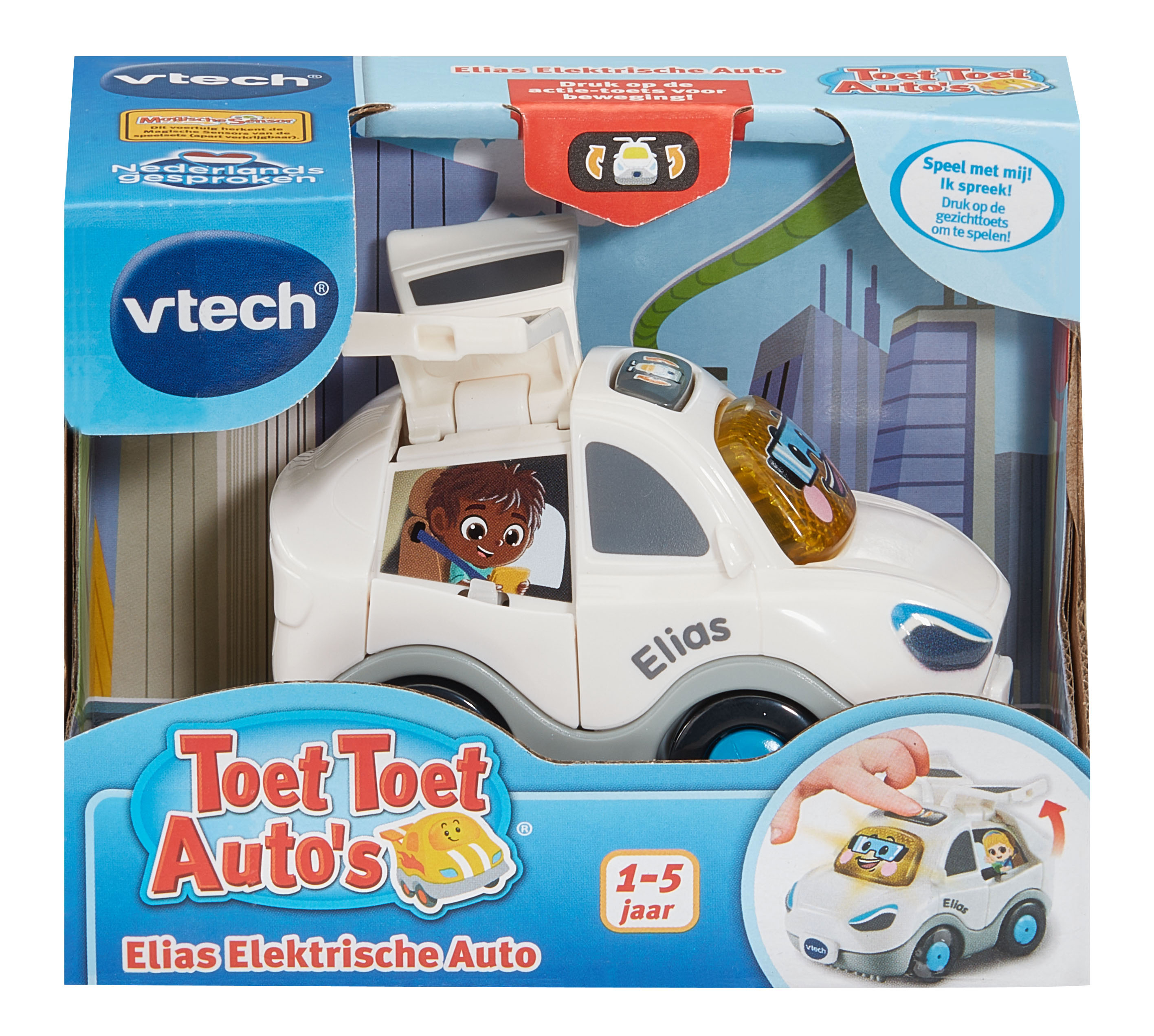 Un coche de juguete blanco con un niño de dibujos animados dentro y un logotipo de Vtech en el paquete.