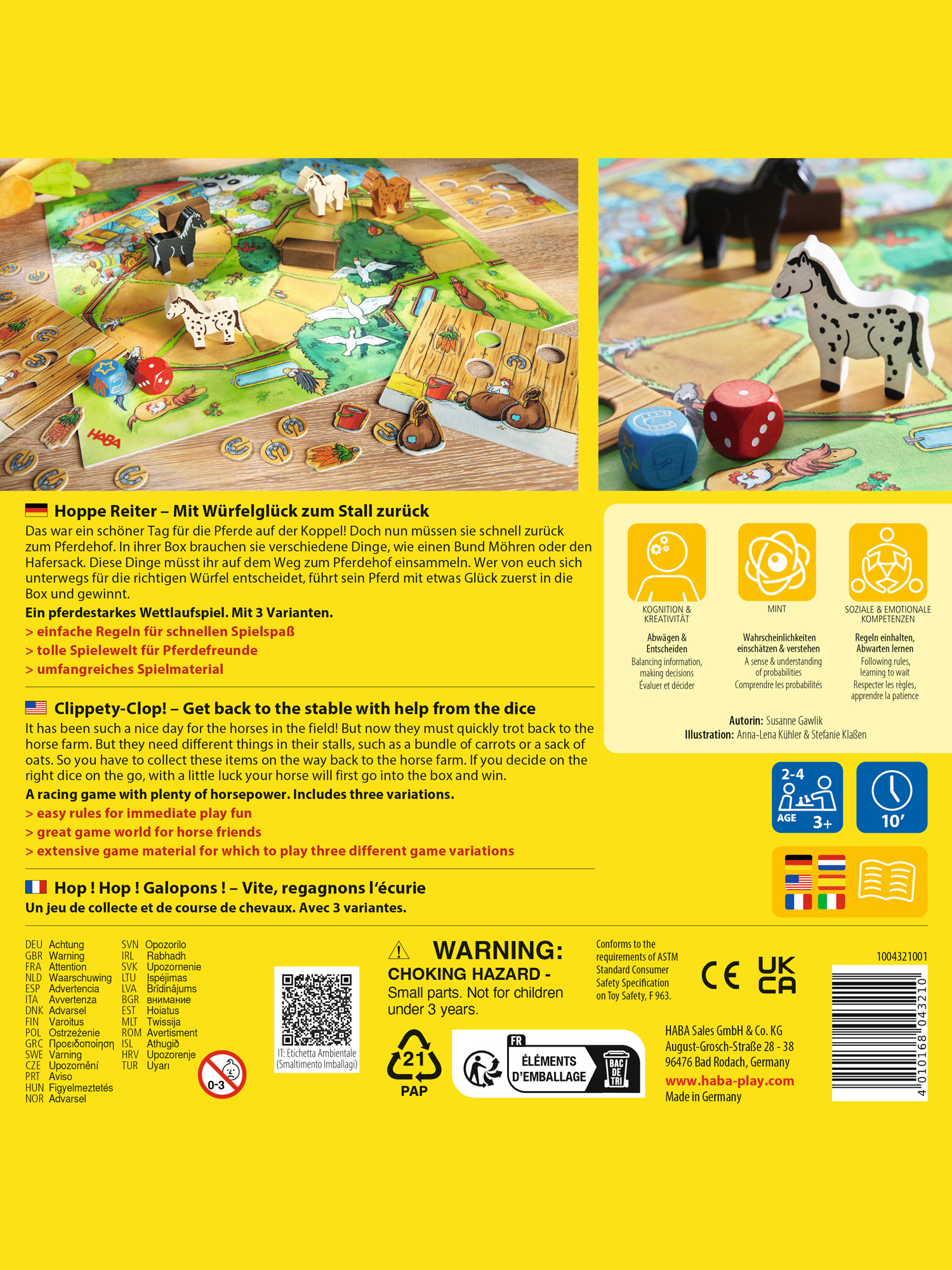 Pudełko gry planszowej z końmi i kostkami oraz plansza do gry ze torem wyścigów konnych i instrukcjami.