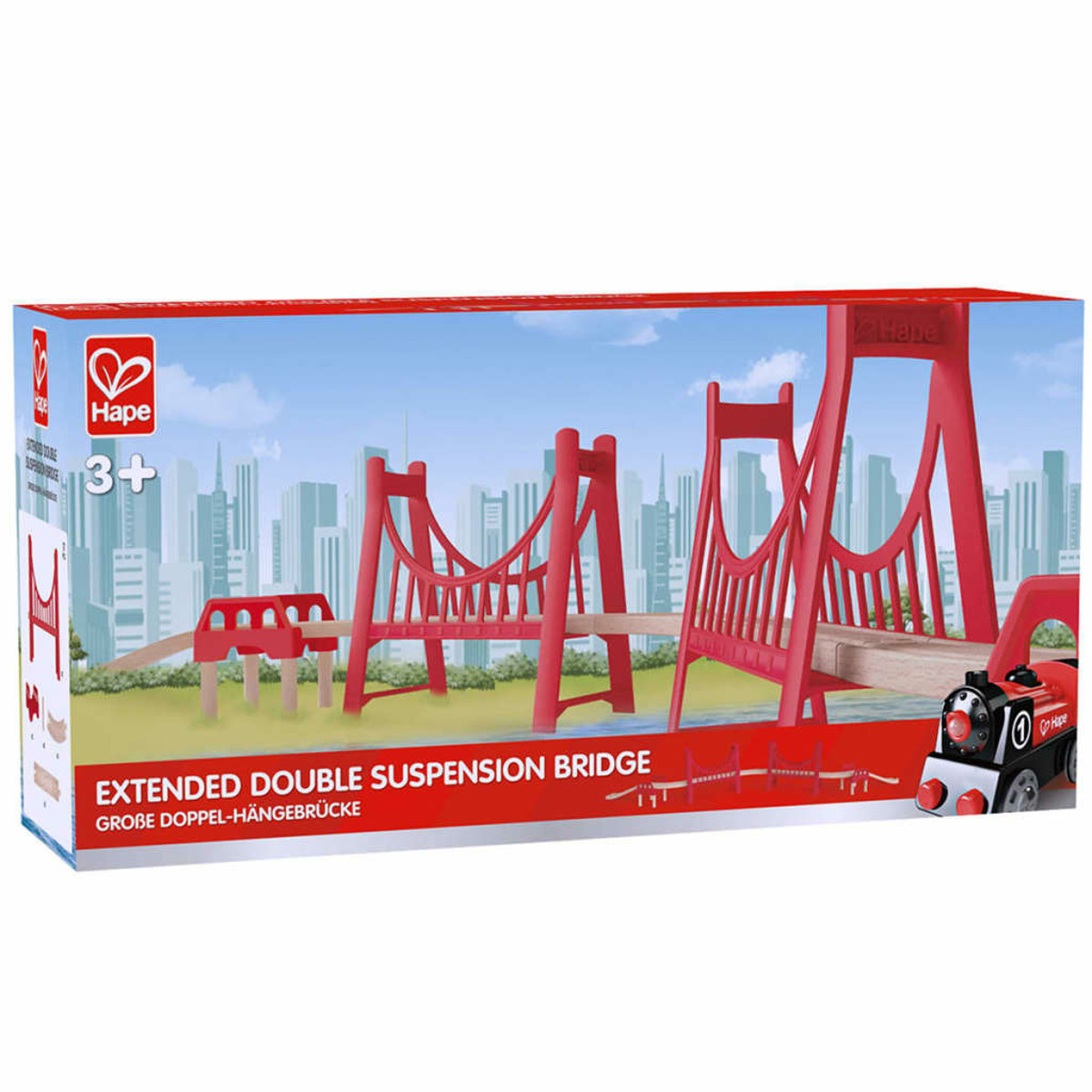 Pudełko z zabawką w postaci czerwonego mostu z napisem: "EXTENDED DOUBLE SUSPENSION BRIDGE".