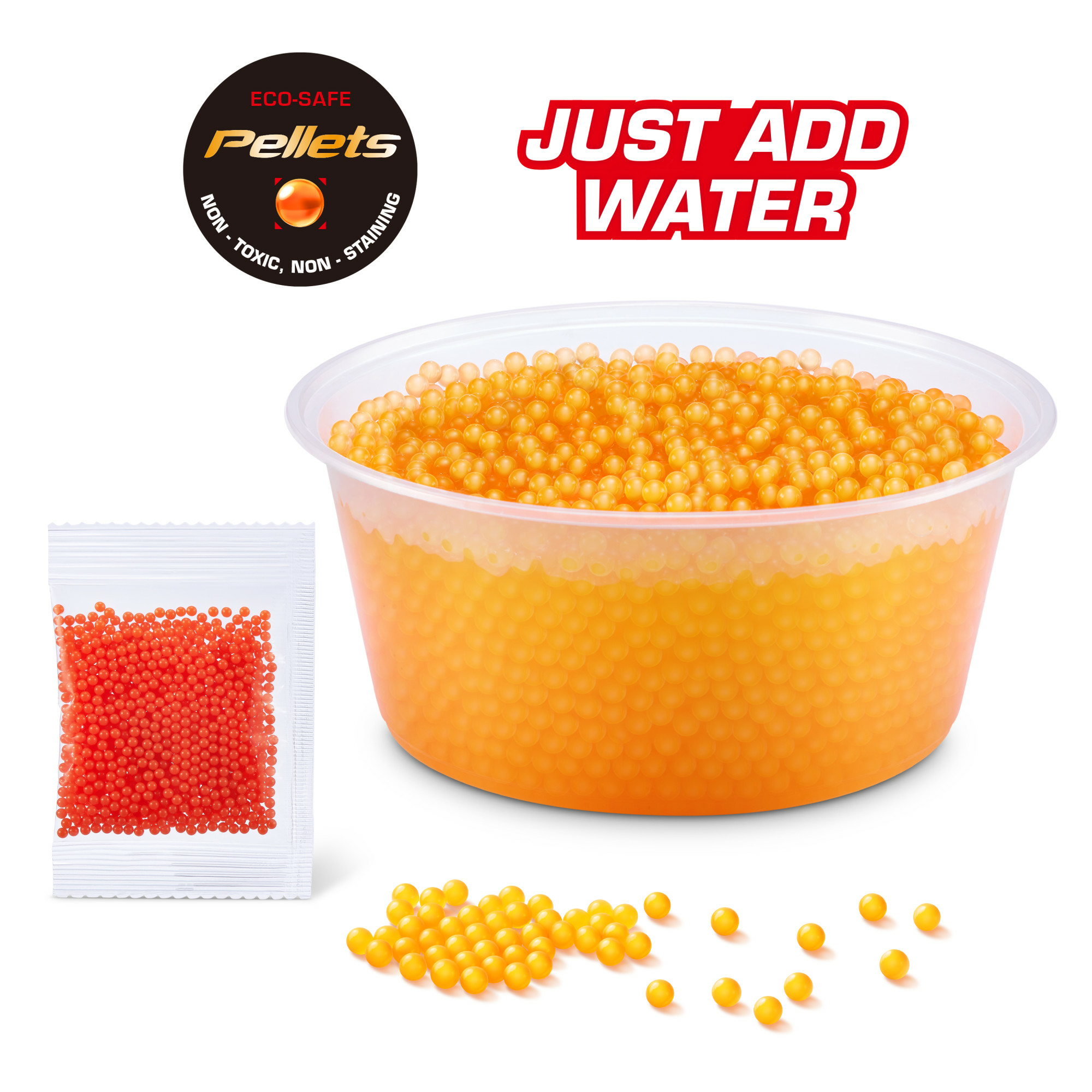 Pomarańczowe granulki w przezroczystej misce. Tekst: 'Just Add Water' i 'Eco-Safe Pellets'. Mała torebka czerwonych granulek.