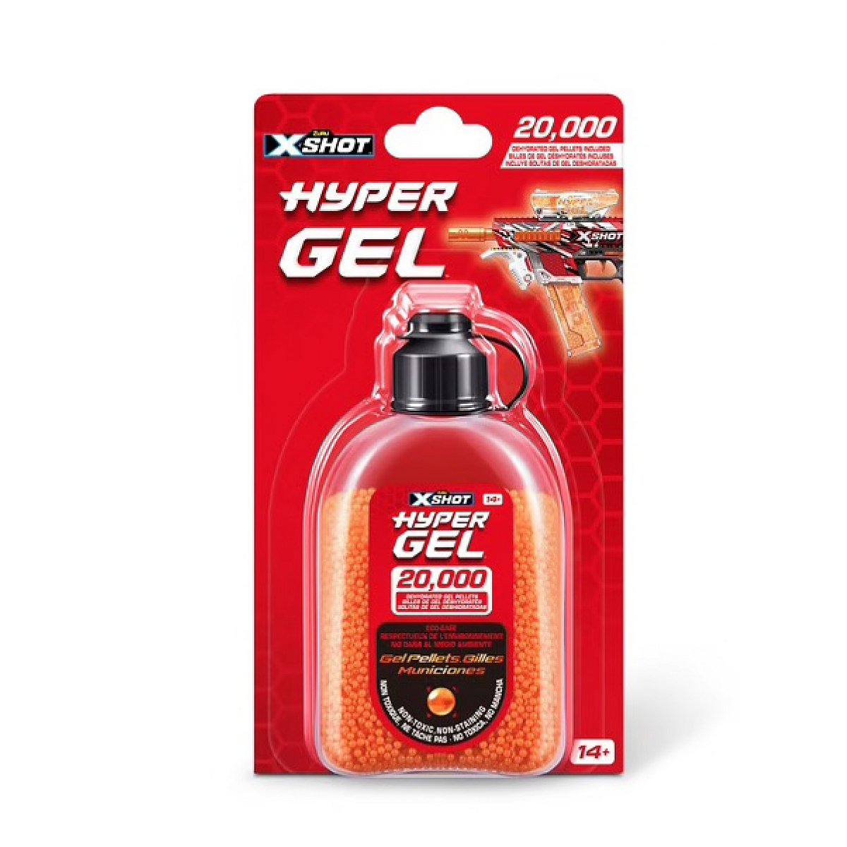 Pomarańczowy pojemnik z kulkami żelowymi ze zdjęciem zabawkowego pistoletu na opakowaniu, czerwona i biała etykieta.