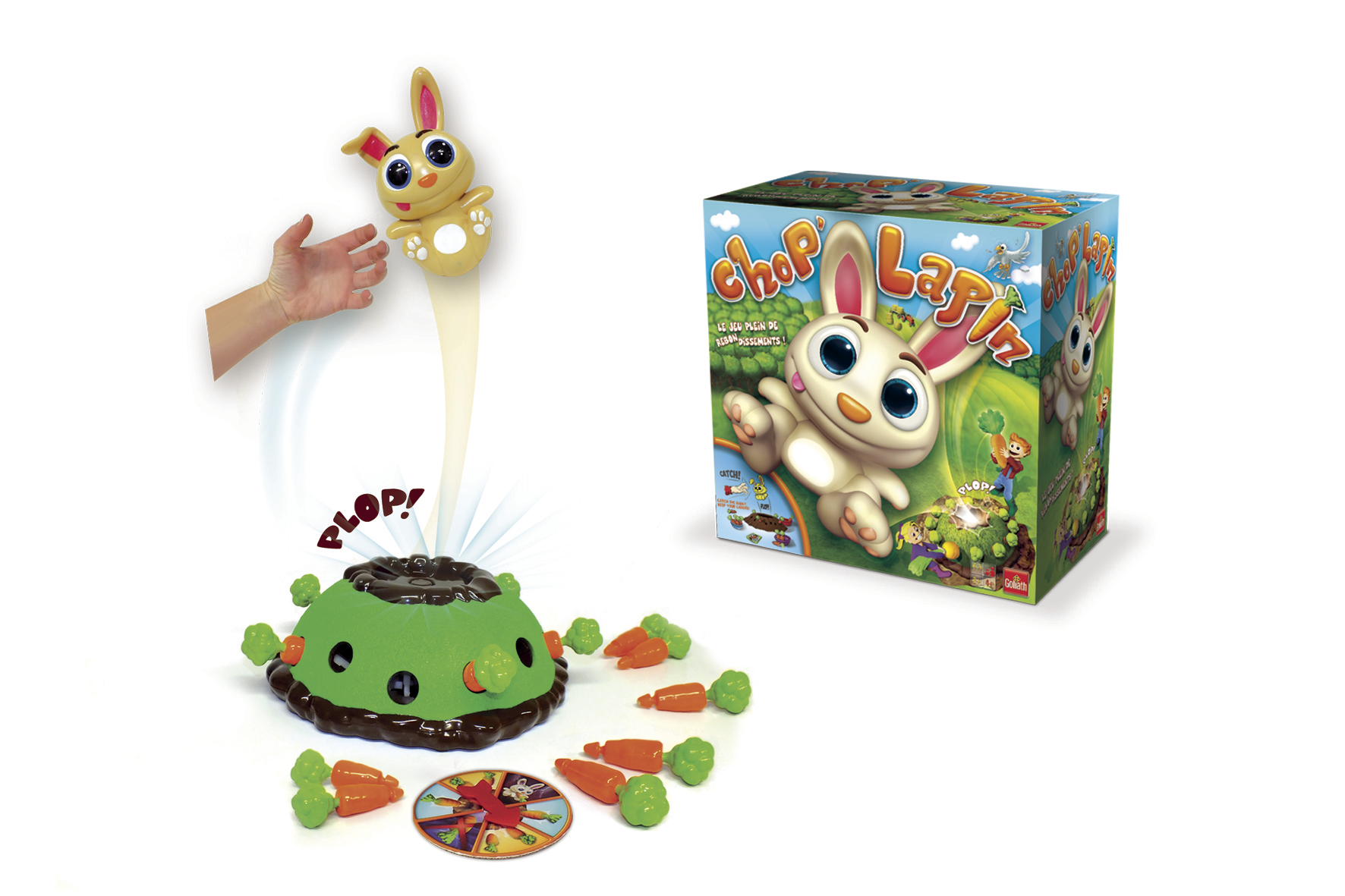 Un gioco di Chop Lapin con un coniglio che parte da una base verde, con carote e scatola di gioco.