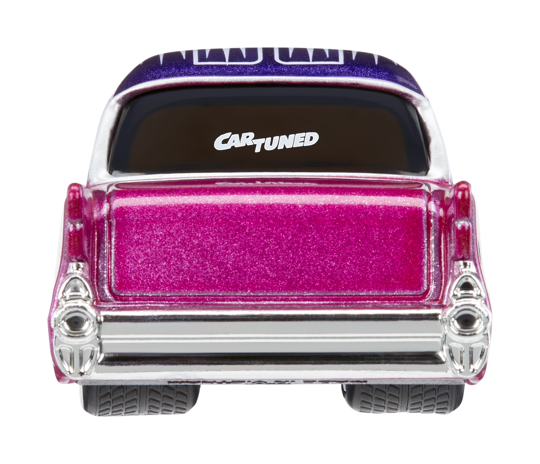 Vista trasera de un coche de juguete rosa. El coche tiene un techo morado con la palabra 'CARTUNED' en la ventana trasera.