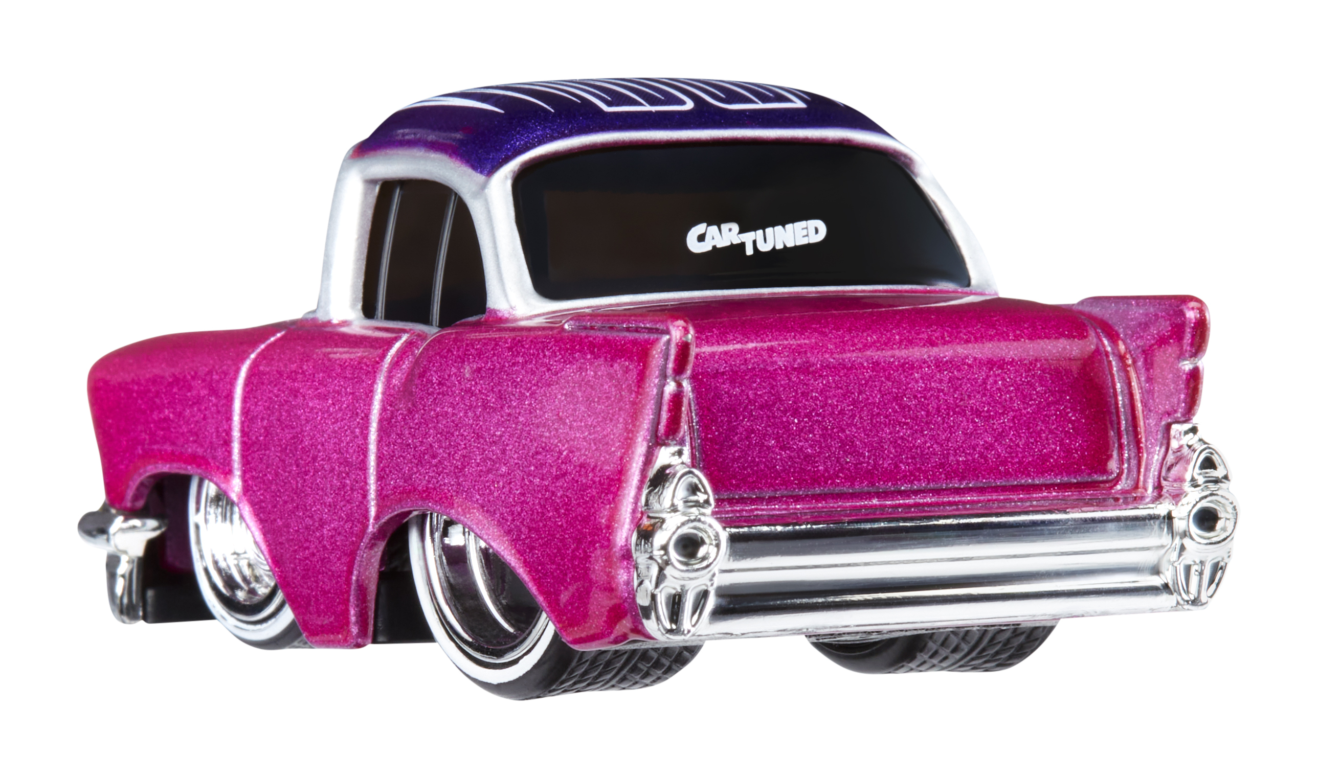 Coche de juguete, vista trasera. Rosa con detalles blancos. Techo morado. Llantas cromadas. Fondo blanco.