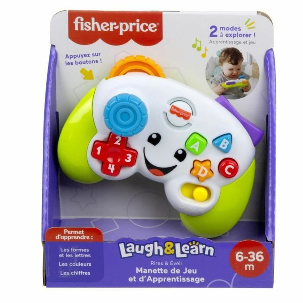 Zabawka Fisher-Price Laugh & Learn z przyciskami i uśmiechniętą twarzą, w pudełku.