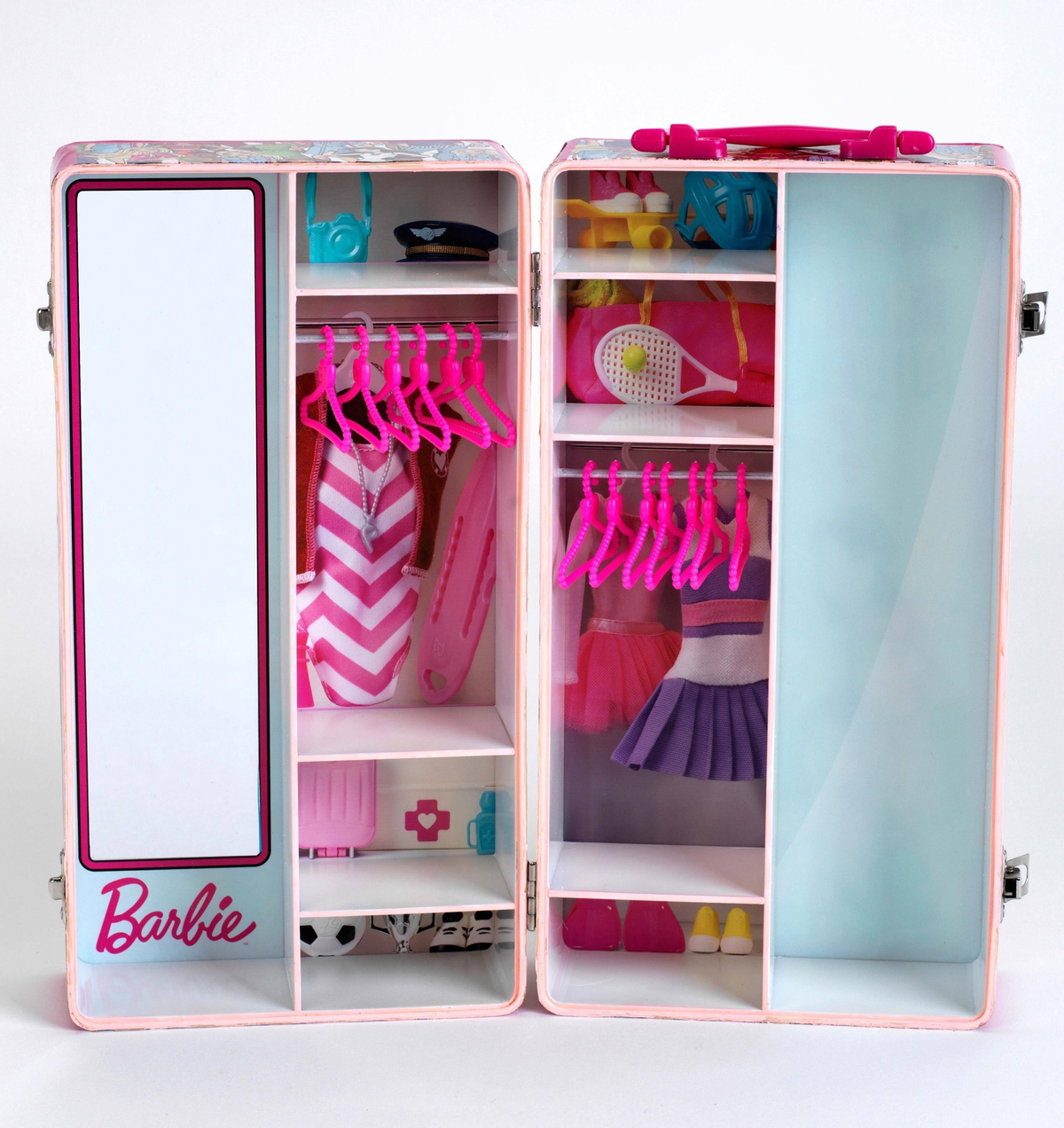 Zabawka szafa Barbie, otwarta, aby odsłonić ubrania, buty i akcesoria na półkach i do powieszenia.
