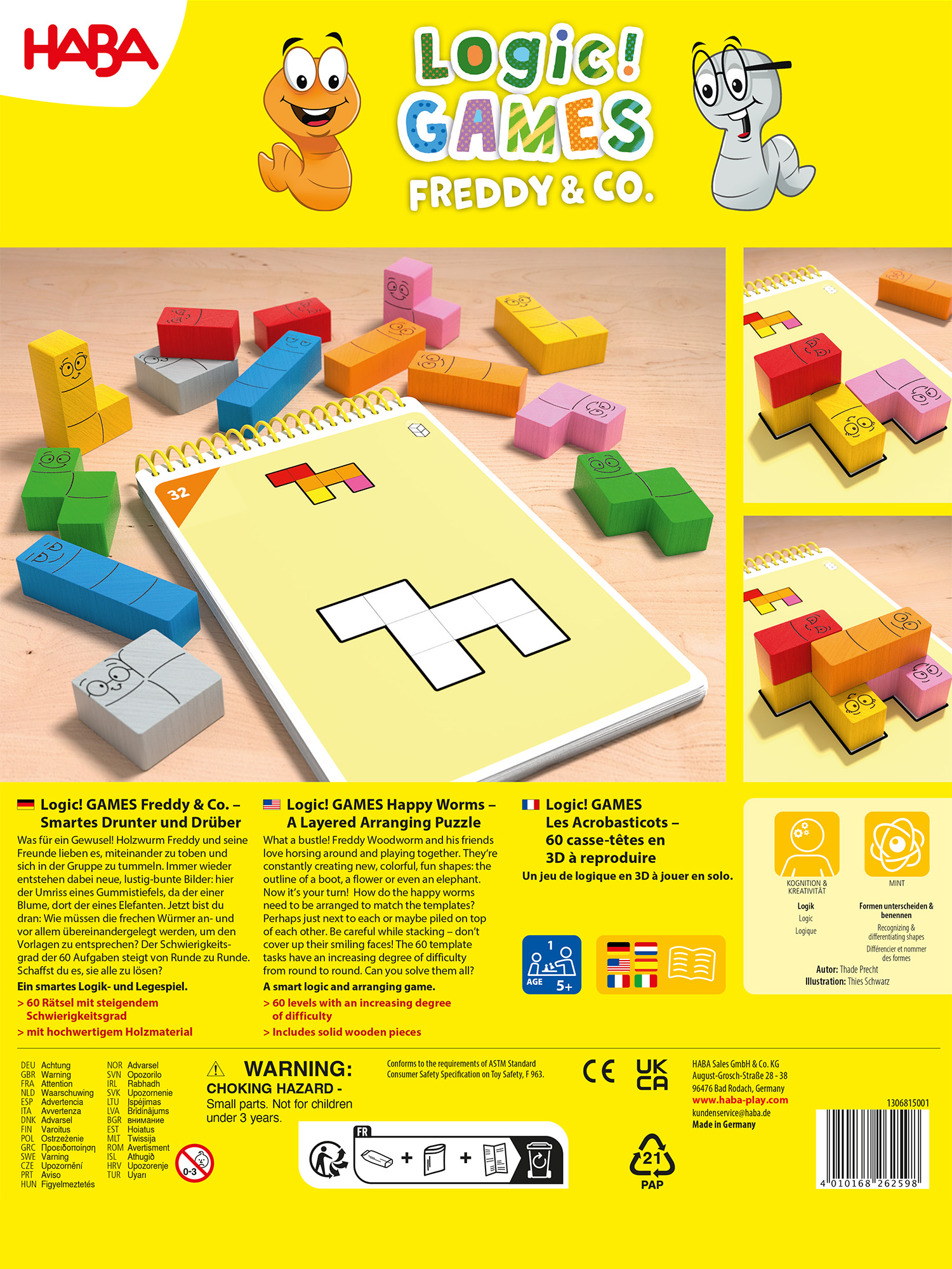 Die Rückseite einer Logic Games-Box mit Spieltitel, Anweisungen und bunten Holzstücken.