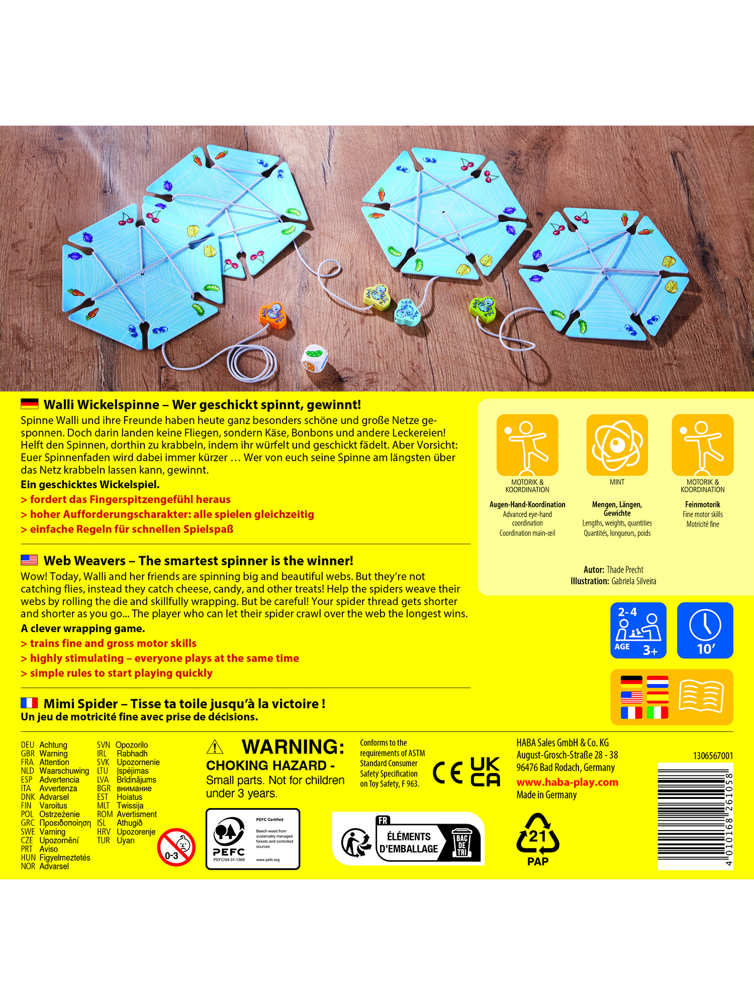 Il retro di una scatola di gioco da tavolo con varie illustrazioni e testo in diverse lingue.