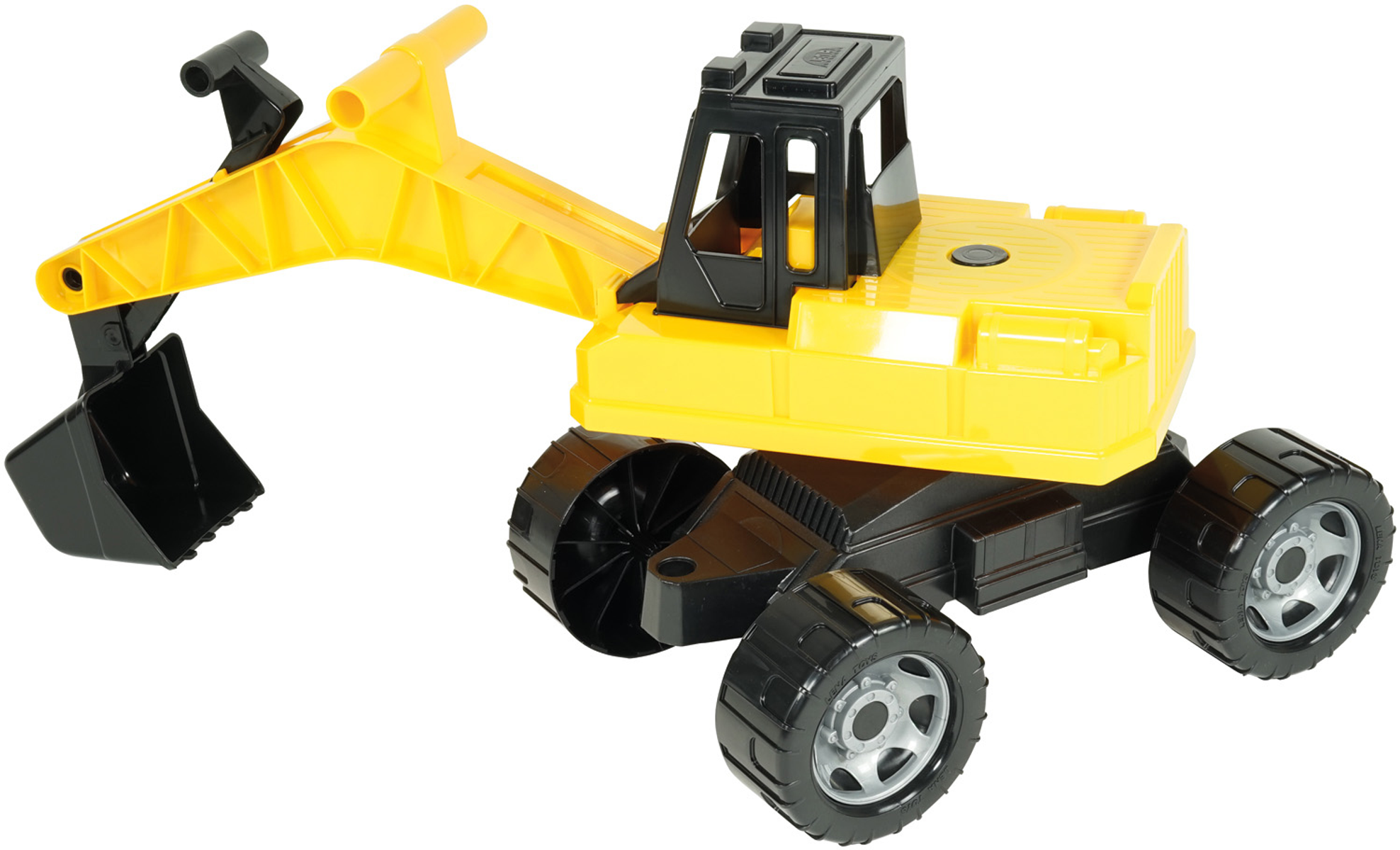 Żółto-czarna zabawka koparka z dużymi kołami. Jest na białym tle.