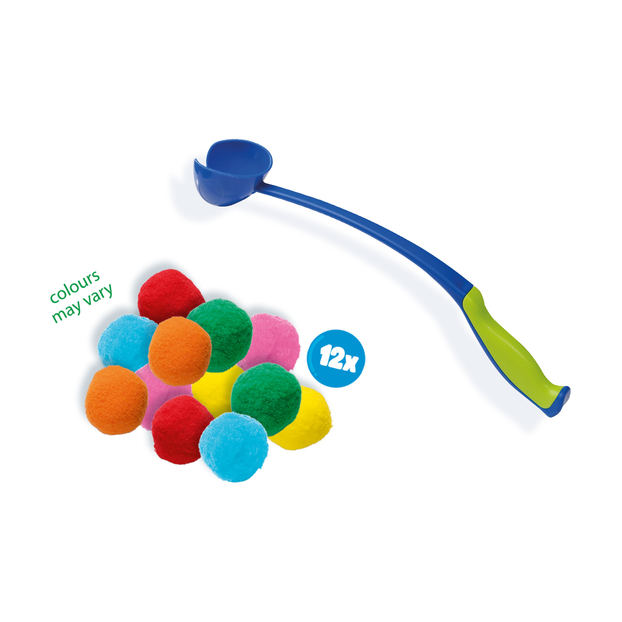 Un lanzador de bolas azul y verde con 12 bolas de colores. Las bolas son de diferentes colores.