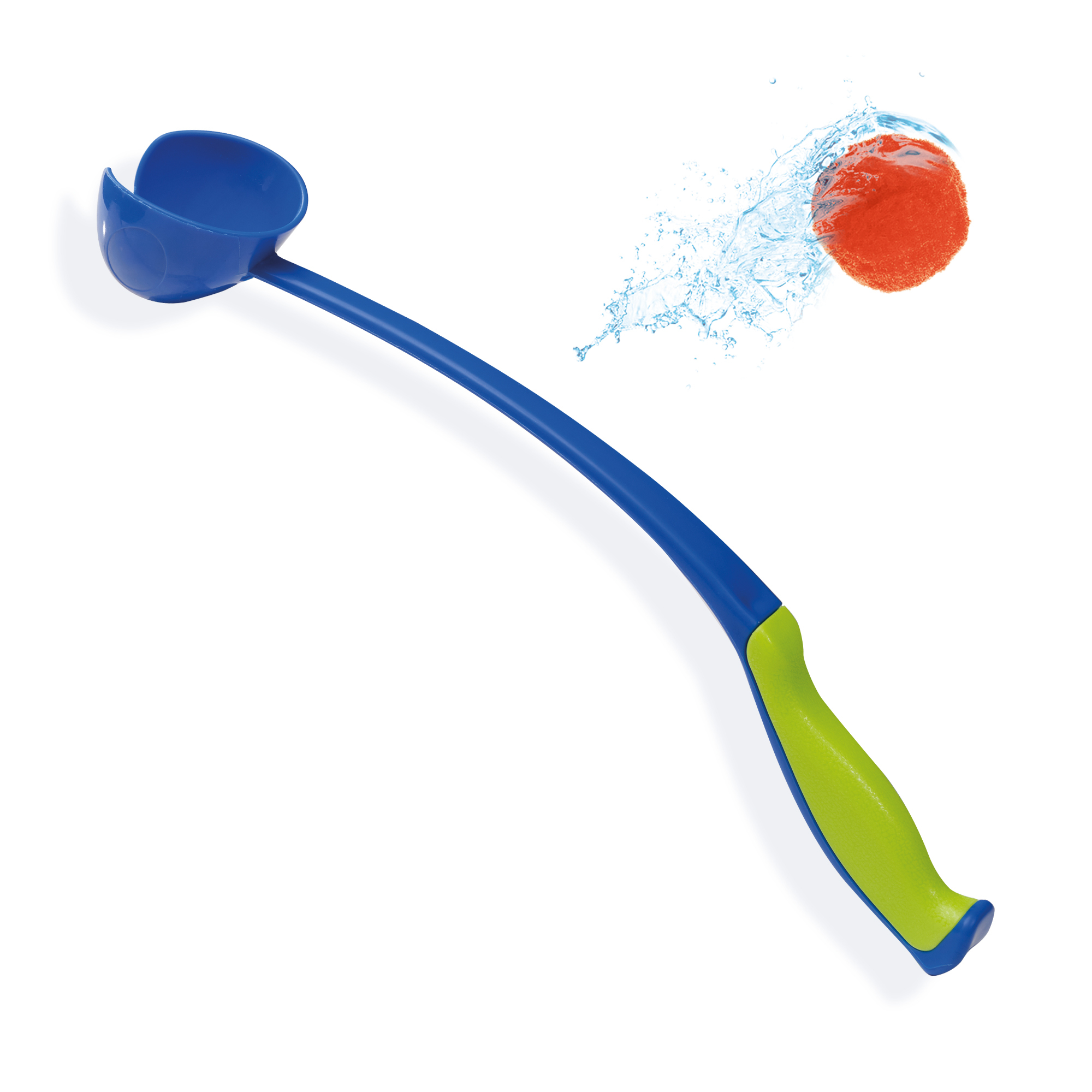 Un lanzador de bolas azul y verde con una bola naranja en el aire, con agua salpicando alrededor.