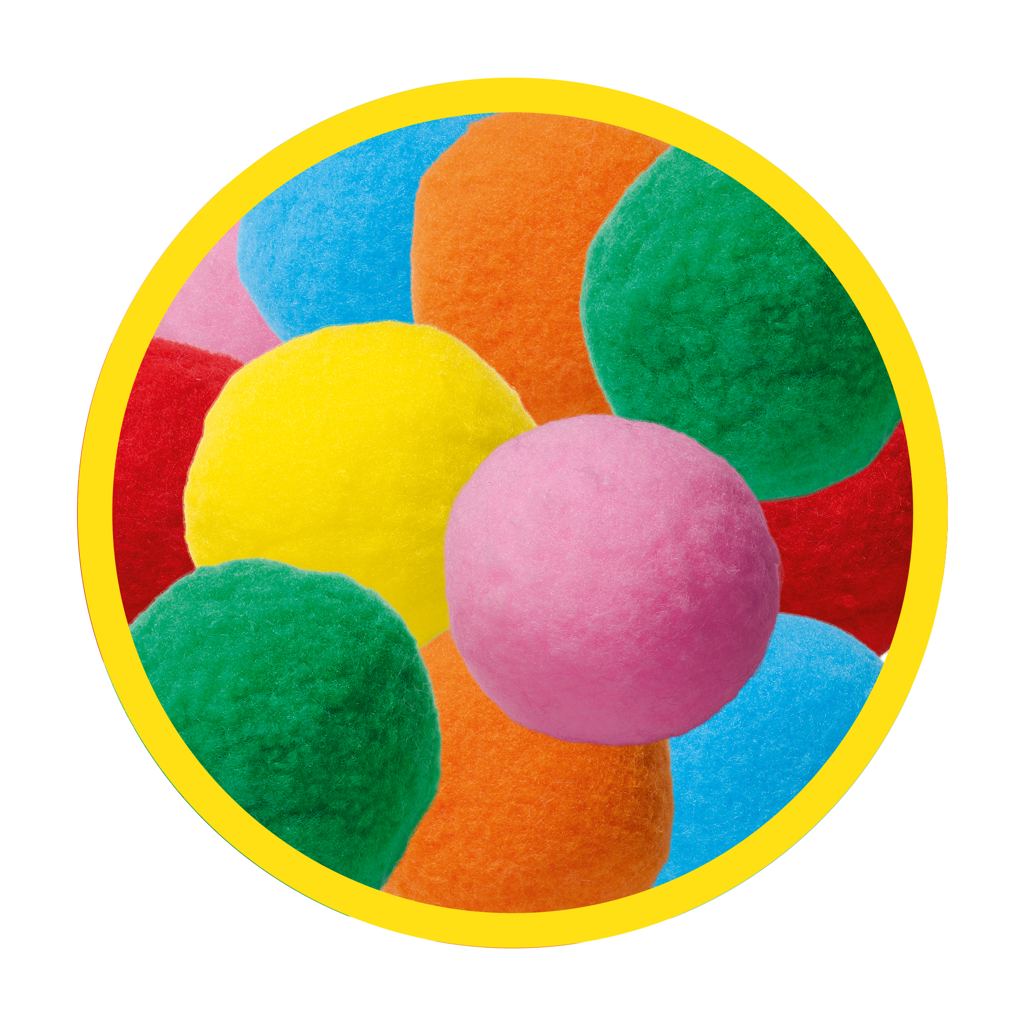 Un círculo de bolas coloridas y esponjosas: rosa, amarillo, verde y naranja. Un borde amarillo rodea las bolas.