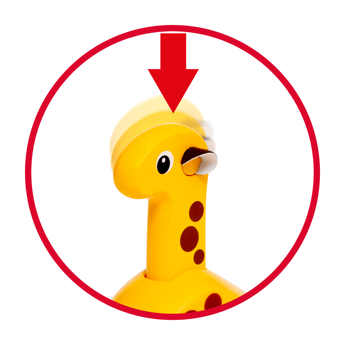 Żółta zabawka żyrafa z czerwoną strzałką skierowaną w dół. Czerwona okrągła obwódka.