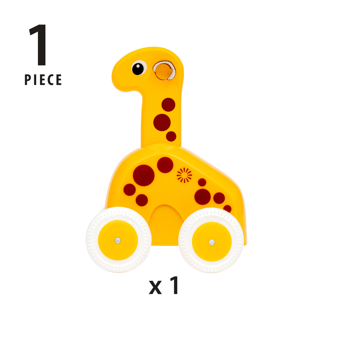 Żółta zabawka żyrafa z brązowymi plamami. Żyrafa stoi na białej powierzchni. Tekst brzmi: 1 sztuka x 1.