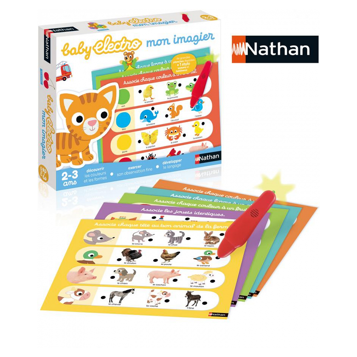 Książka dla dzieci z czerwonym długopisem. Książka ma zdjęcia zwierząt. Białe tło.