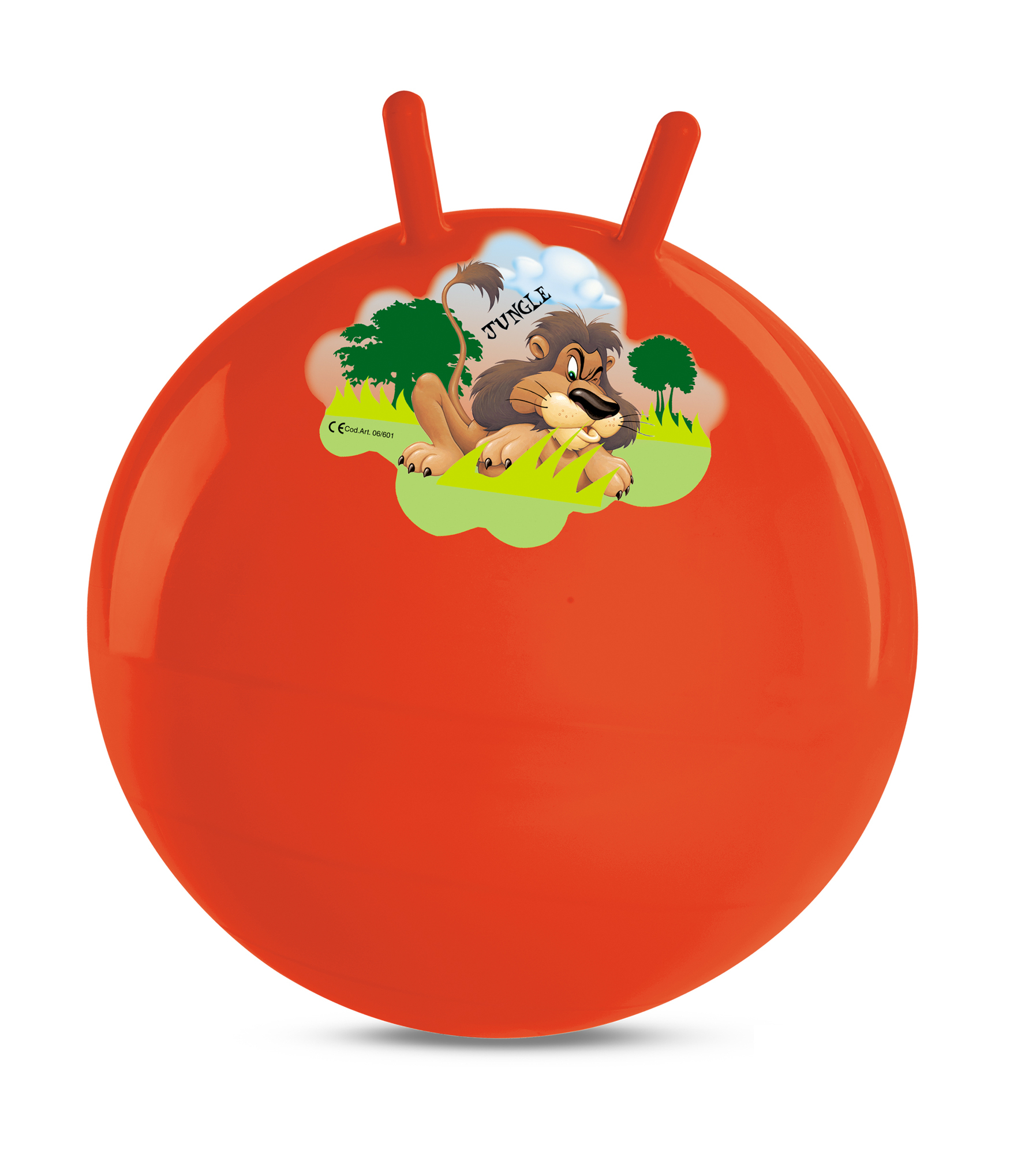 Pomarańczowa nadmuchiwana piłka z ilustracją lwa i zieloną trawą.