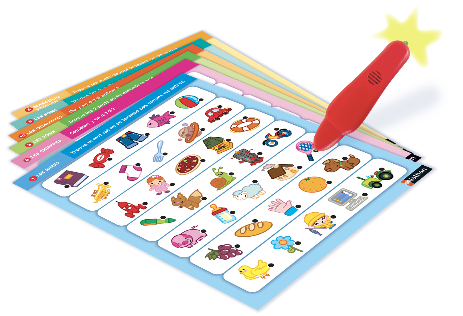 Pióro dotyka gry edukacyjnej z obrazkami. Gra ma wiele kart.