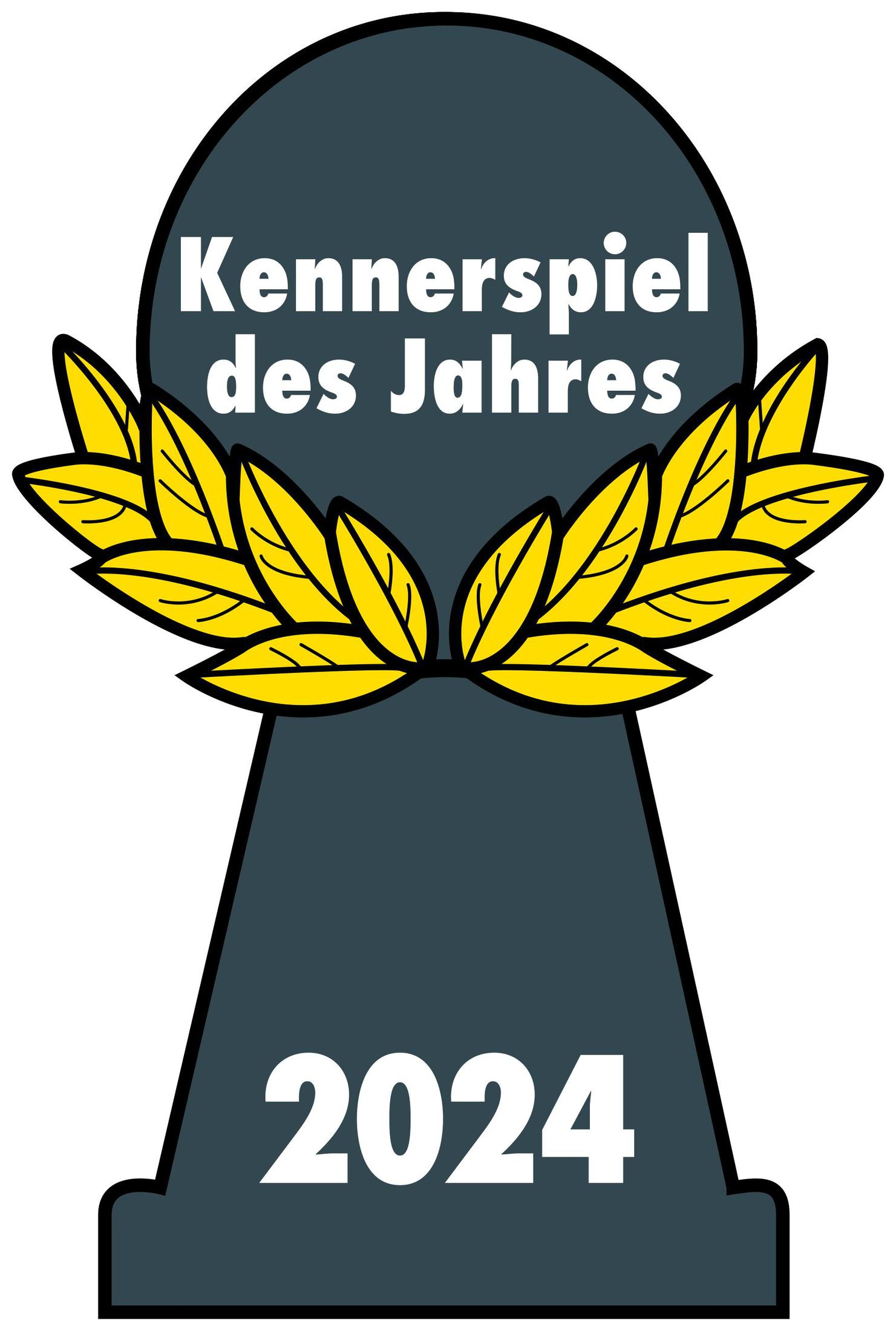 Forme de trou de serrure avec texte "Kennerspiel des Jahres 2024" et couronne de laurier jaune.