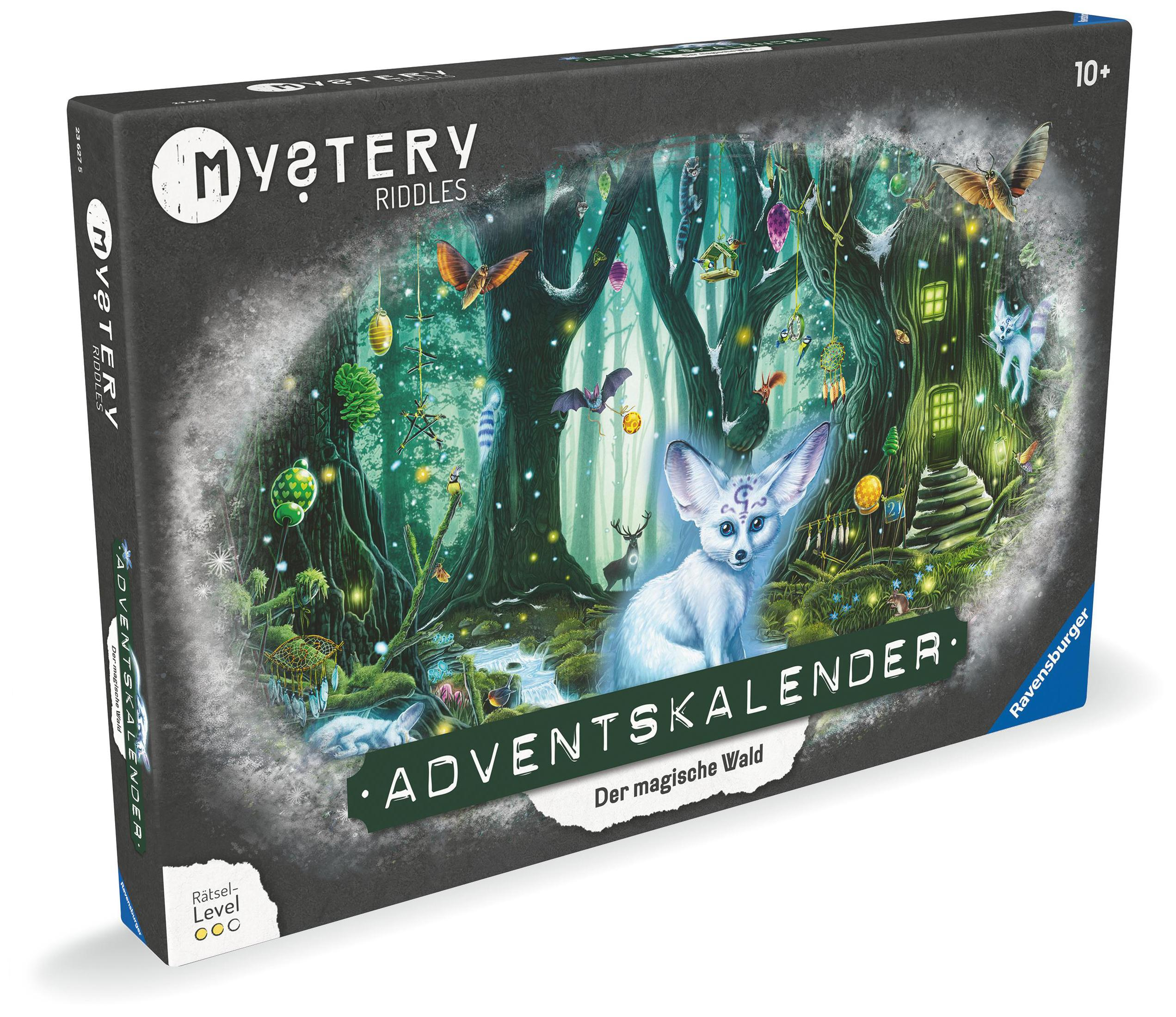 Spielbox mit Waldszene und weißem Fuchs. Titel: Mystery Riddles Adventskalender.