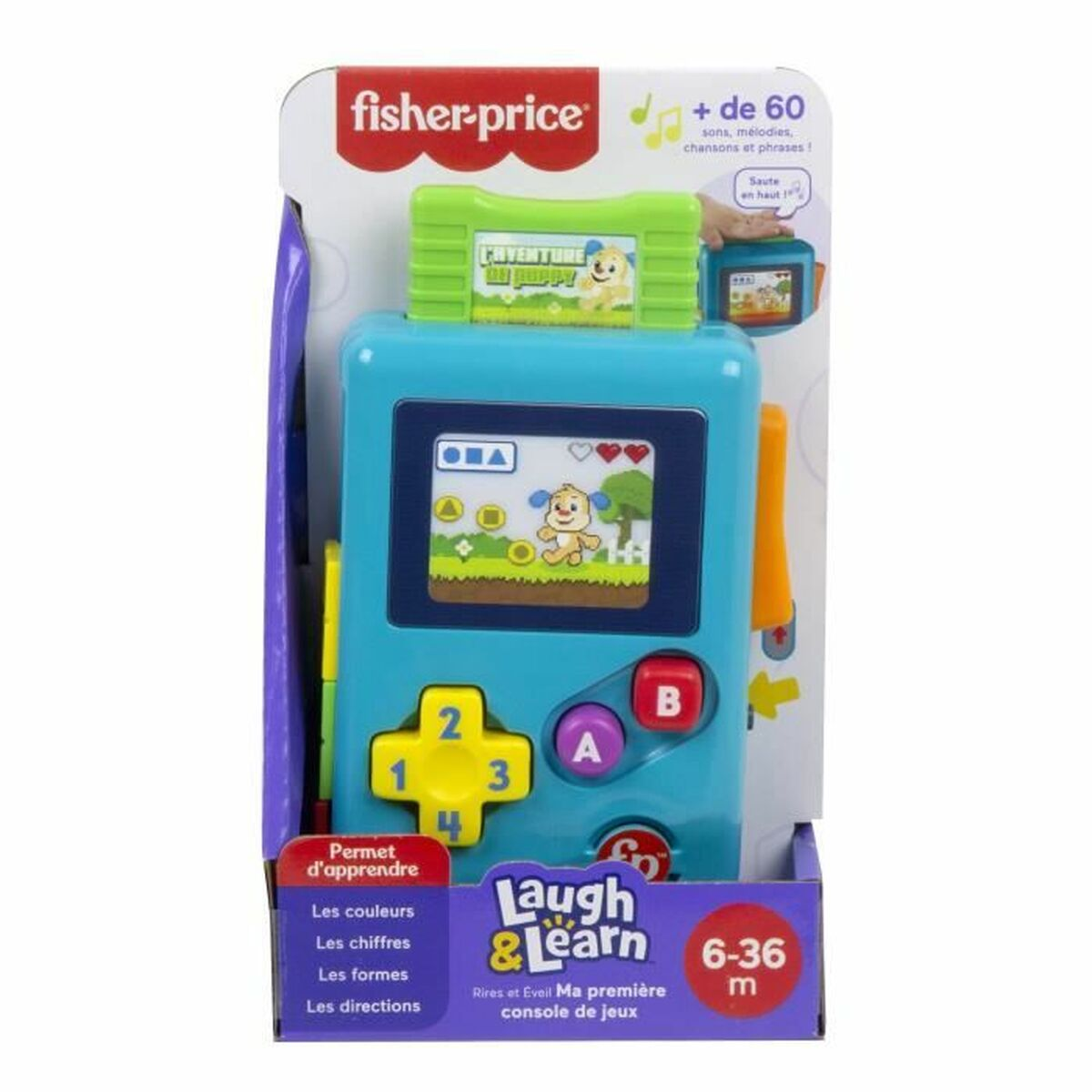 Zabawka Fisher-Price. Jest to niebieska zabawka przenośna z przyciskami i ekranem.