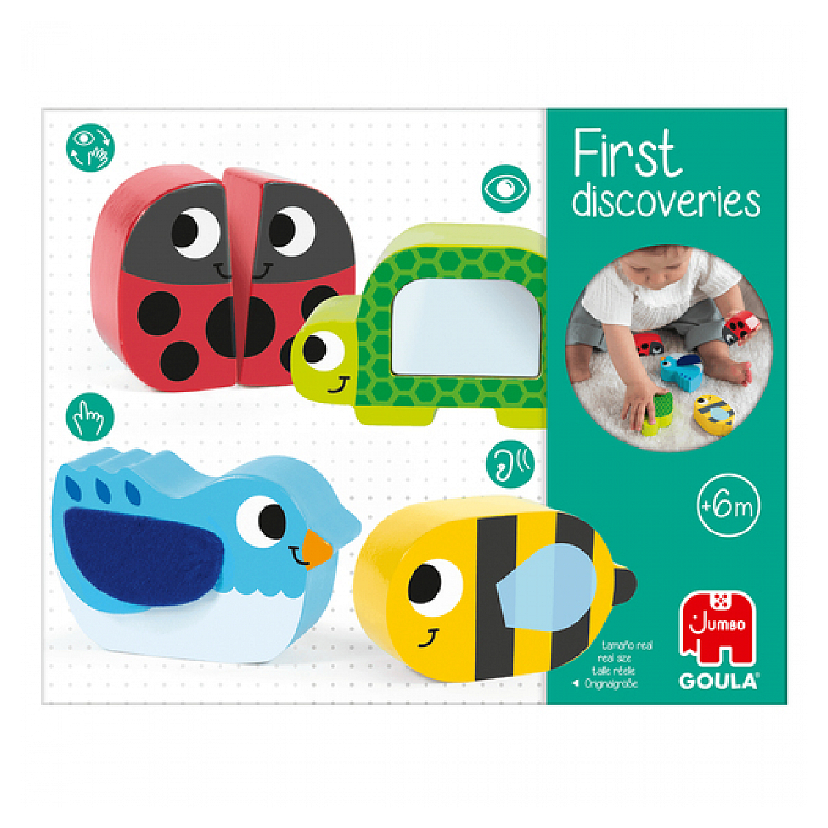 First Discoveries Holzspielzeug-Set. Enthält einen Marienkäfer, eine Schildkröte, einen Vogel und eine Biene. Die Spielzeuge sind farbenfroh.