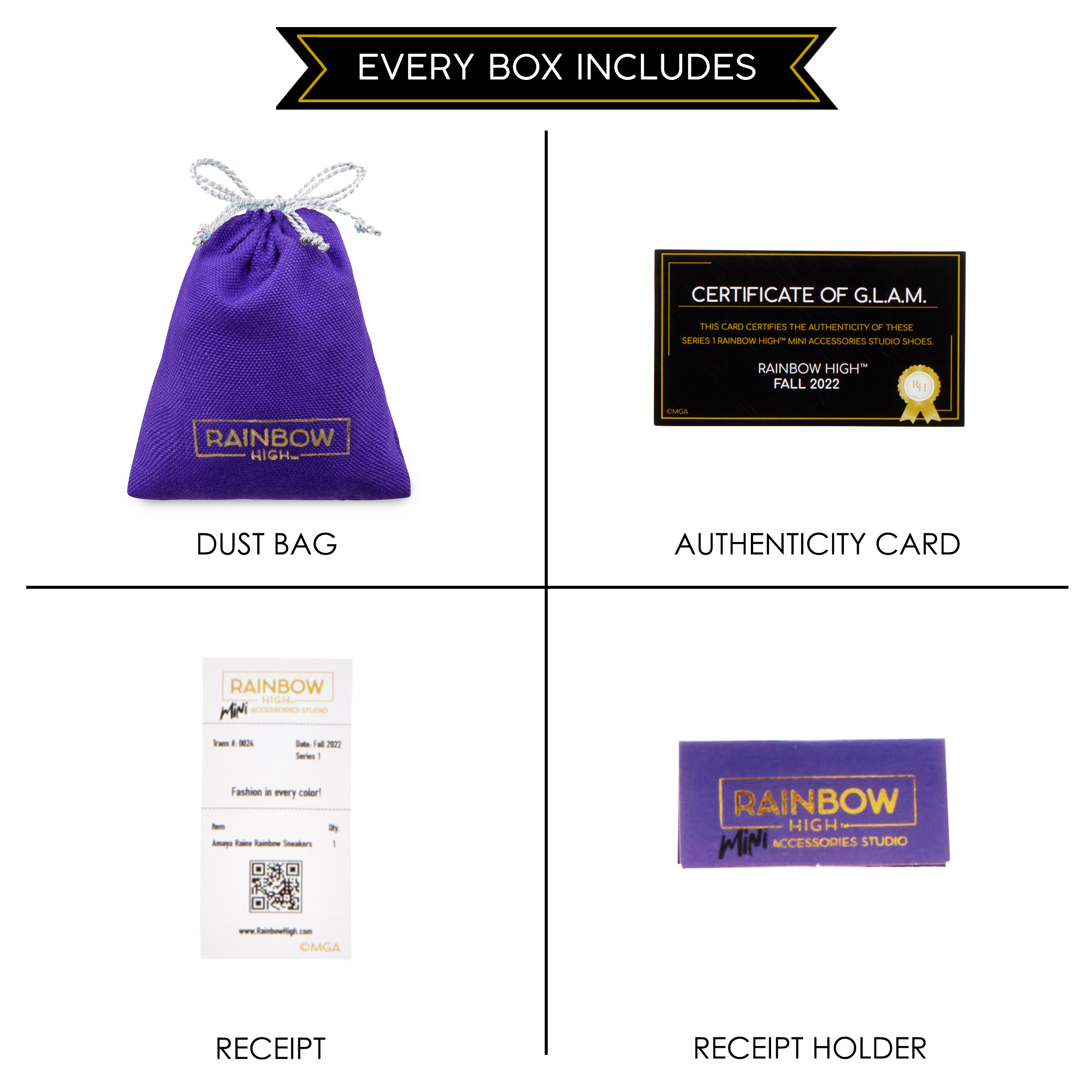 Zdjęcie typu flat lay przedstawiające elementy zestawu modowego, w tym torbę, kartę i paragon.