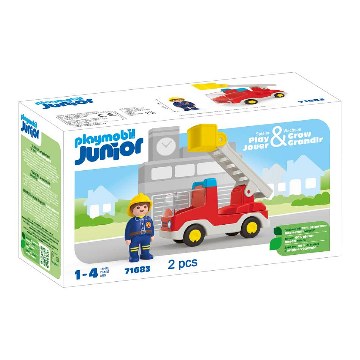 Pudełko z zabawkami Playmobil Junior z czerwoną strażą pożarną i figurką strażaka.