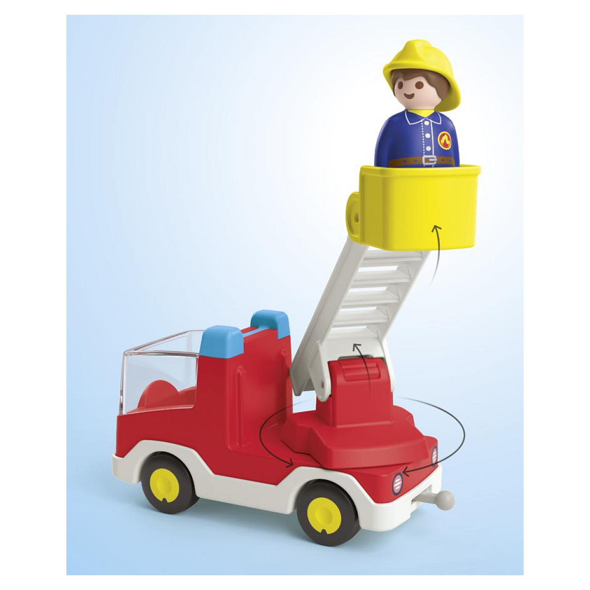Zabawka wóz strażacki ze strażakiem. Czerwona ciężarówka, żółta drabina ze strażakiem w koszu.