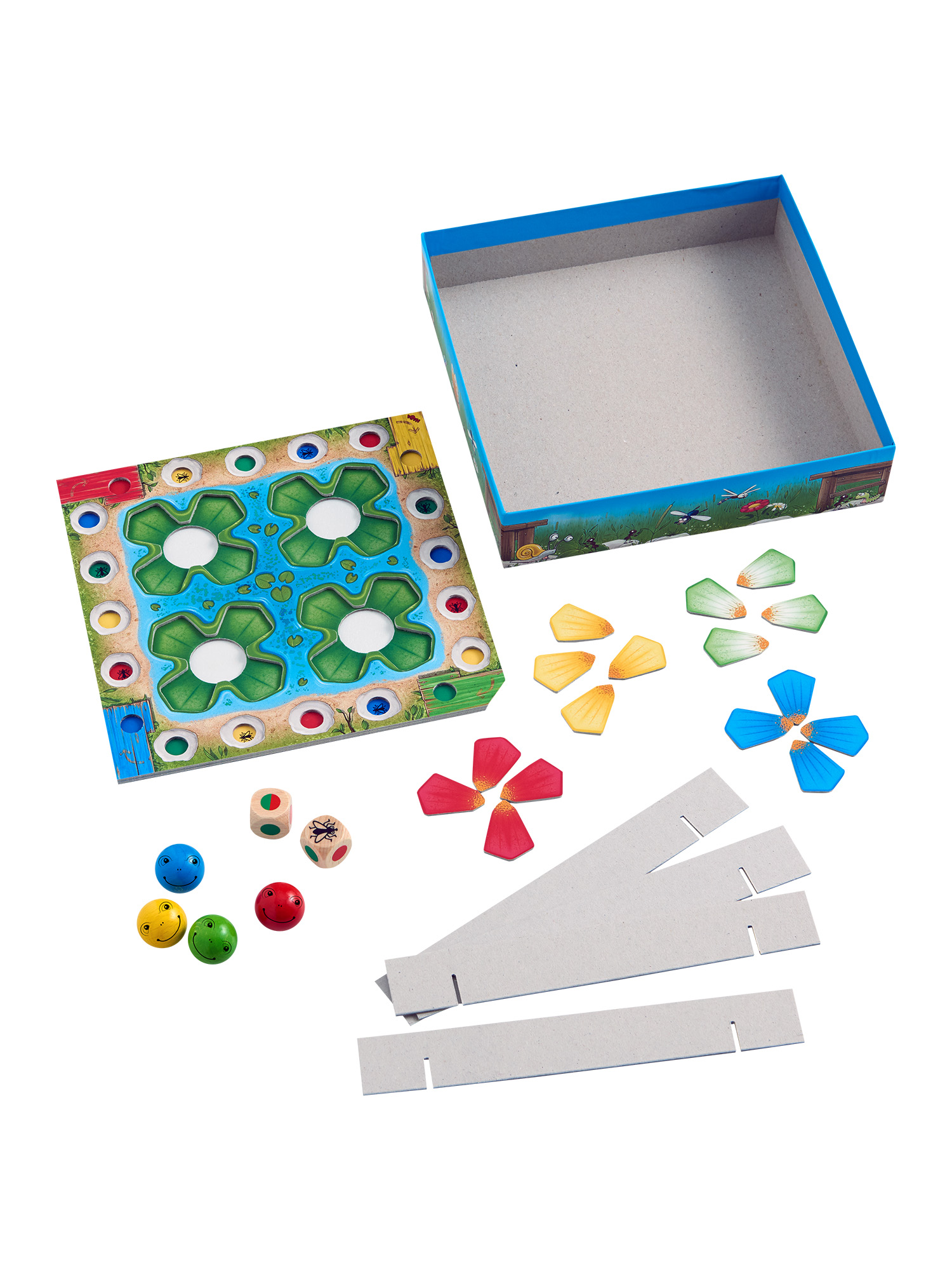 Gra planszowa z elementami, w tym kostkami, płatkami kwiatów i liśćmi lilii wodnych. Białe tło.