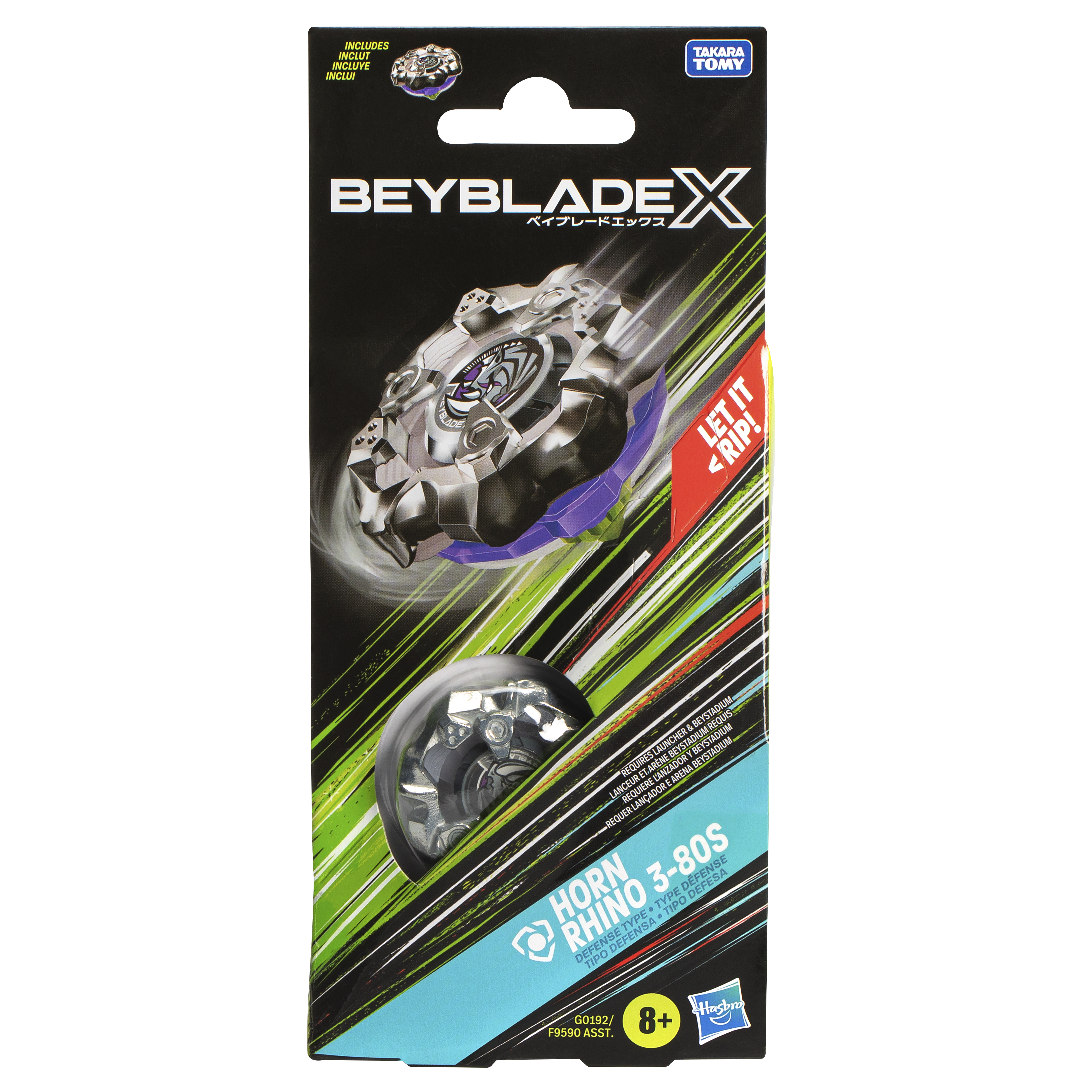 Confezione giocattolo BeyBlade X con un Beyblade argento e viola, un lanciatore e la scritta 'Let it Rip!'