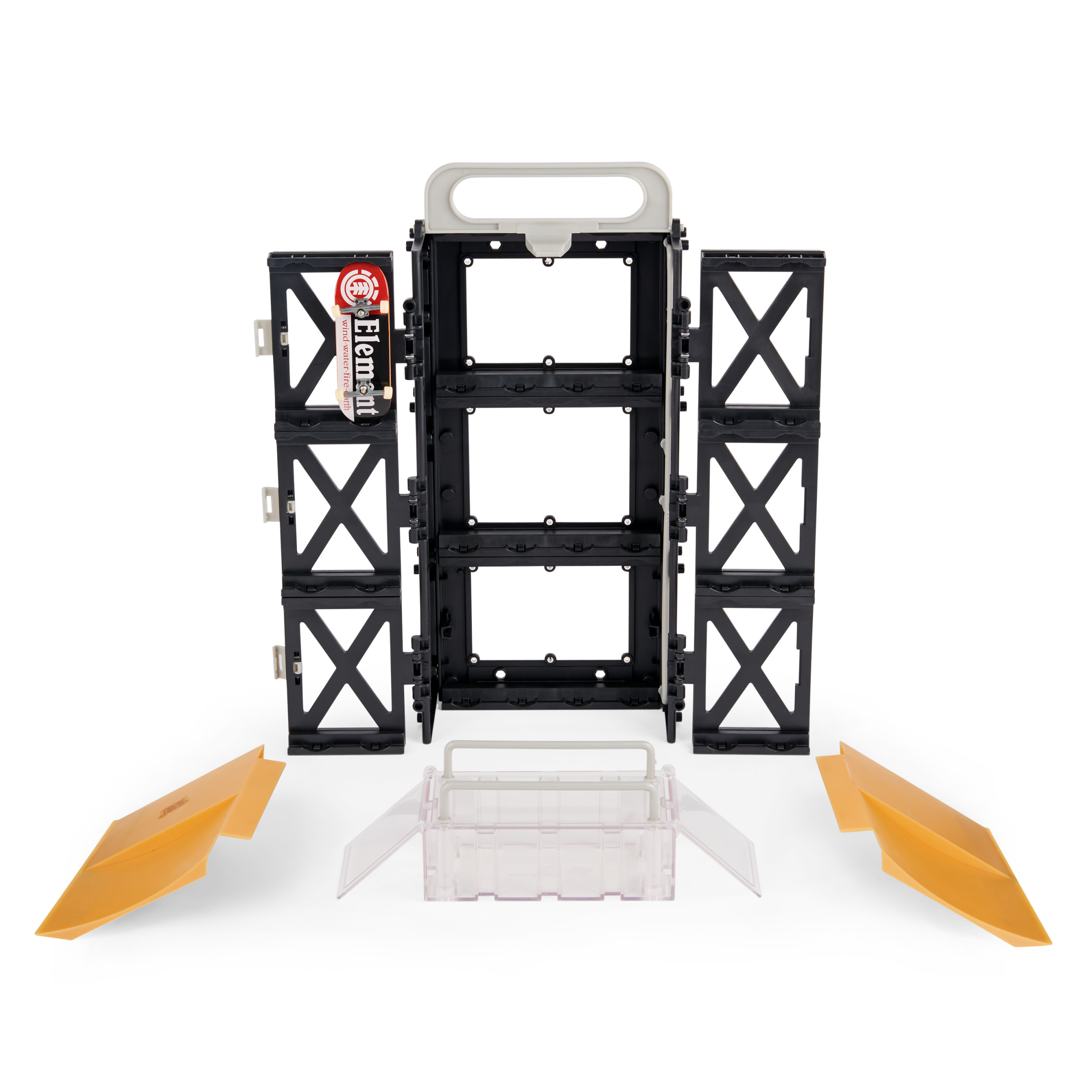 Elementy zestawu Tech Deck. Czarna rama, przezroczysta plastikowa obudowa i żółte rampy.