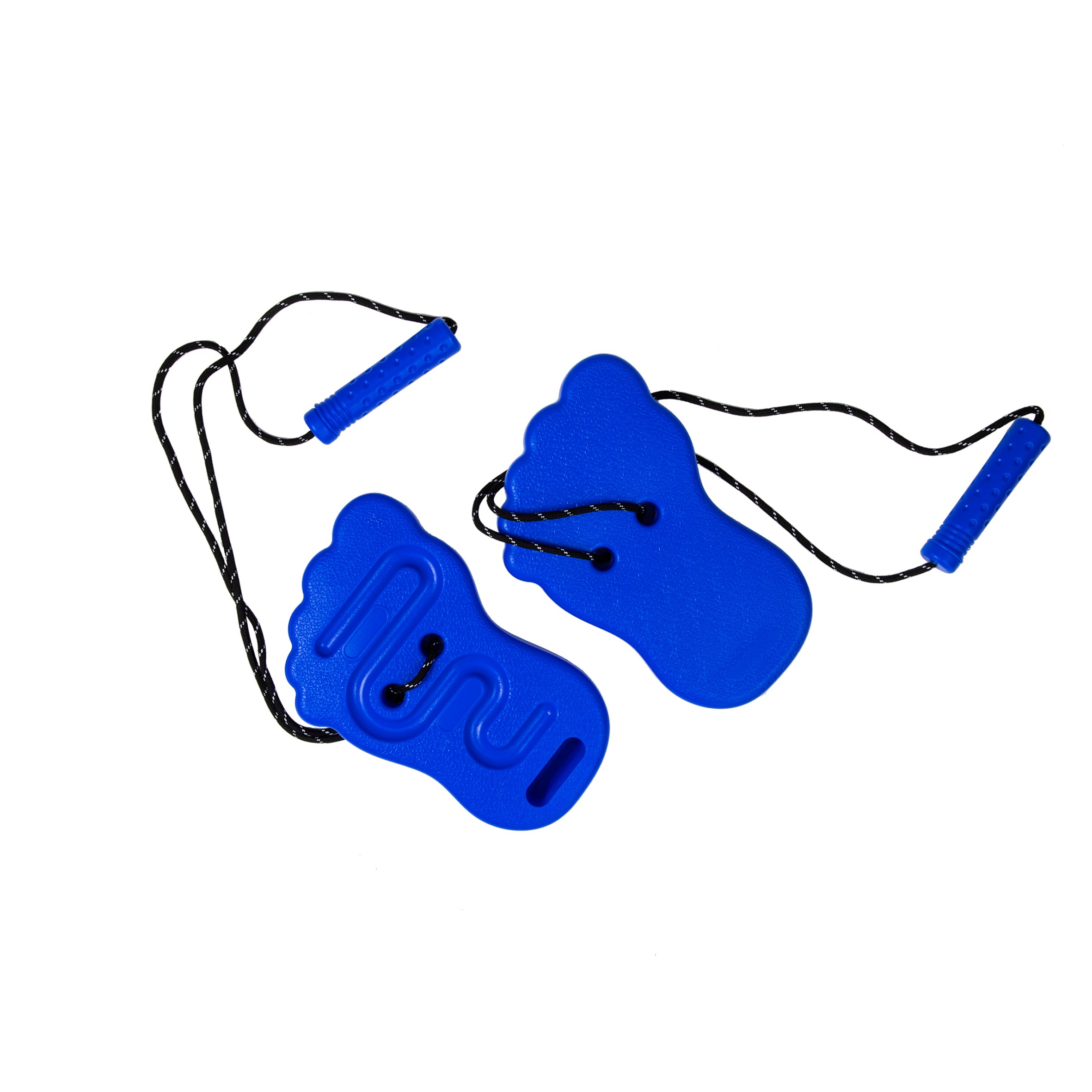 Due bobine da passeggio a forma di piede blu con cordini neri e manici blu.