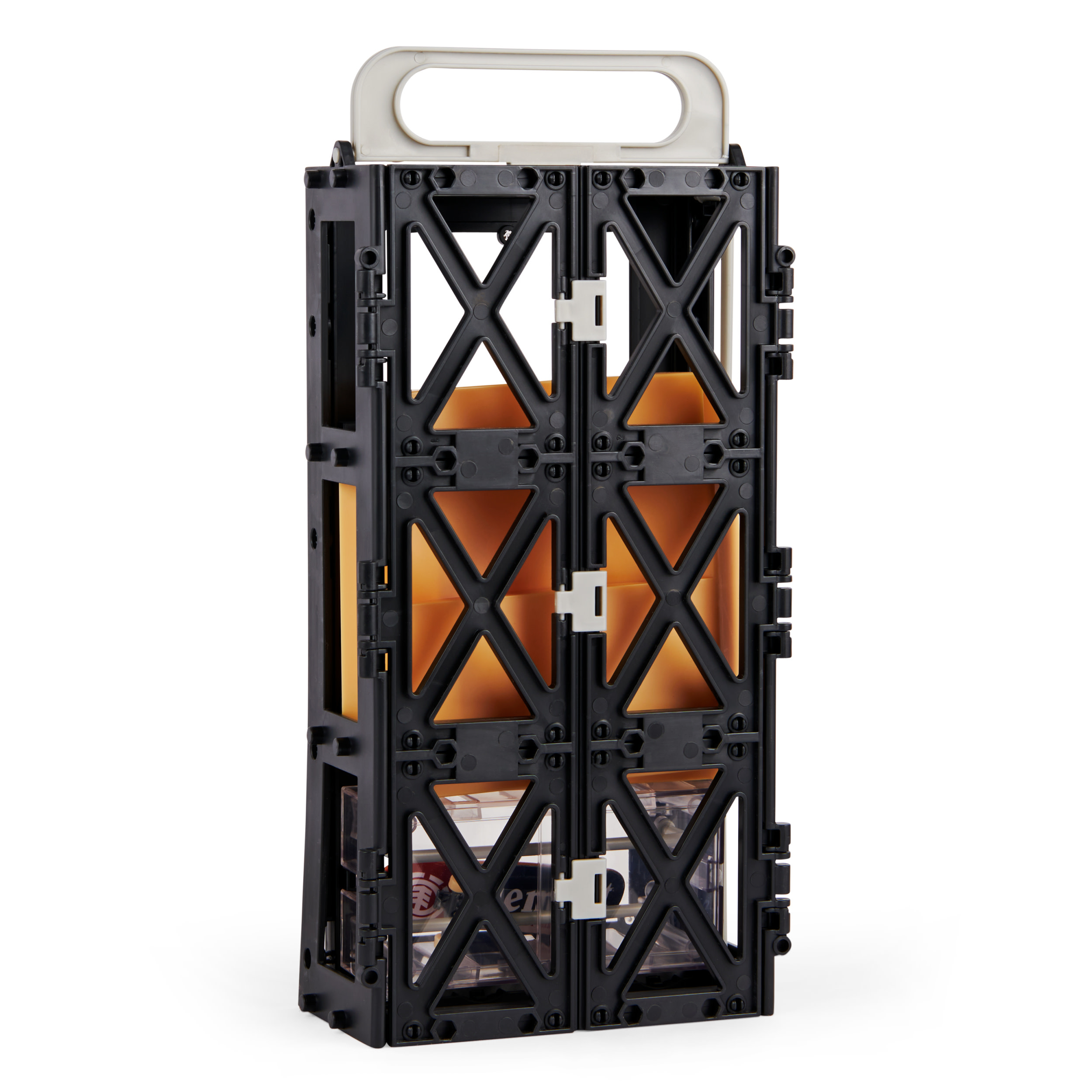 Czarno-pomarańczowy pojemnik do przechowywania zabawek z uchwytem i przezroczystymi bokami.