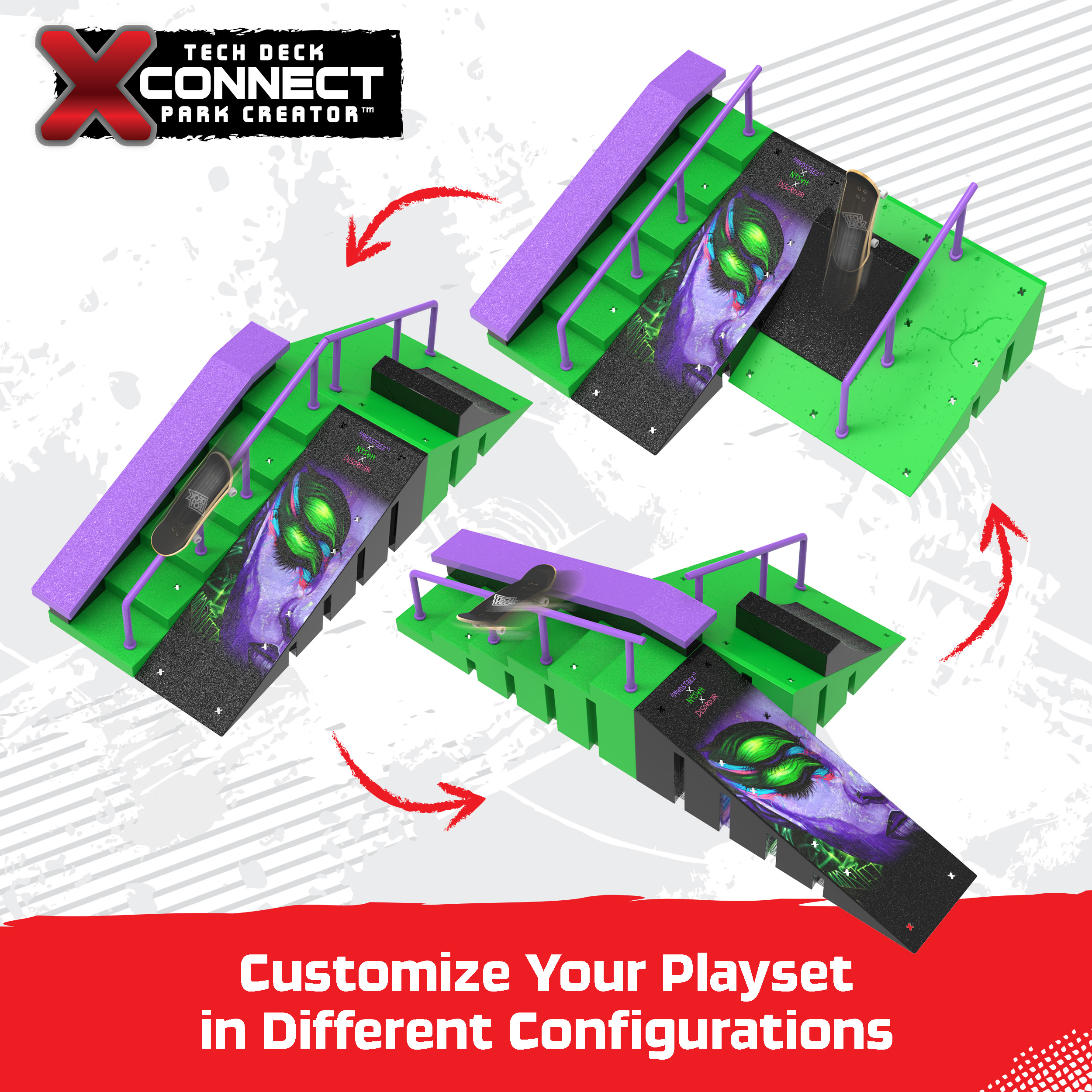 Playset Tech Deck Connect Park Creator con múltiples configuraciones de rampa. Flechas y texto rojos.