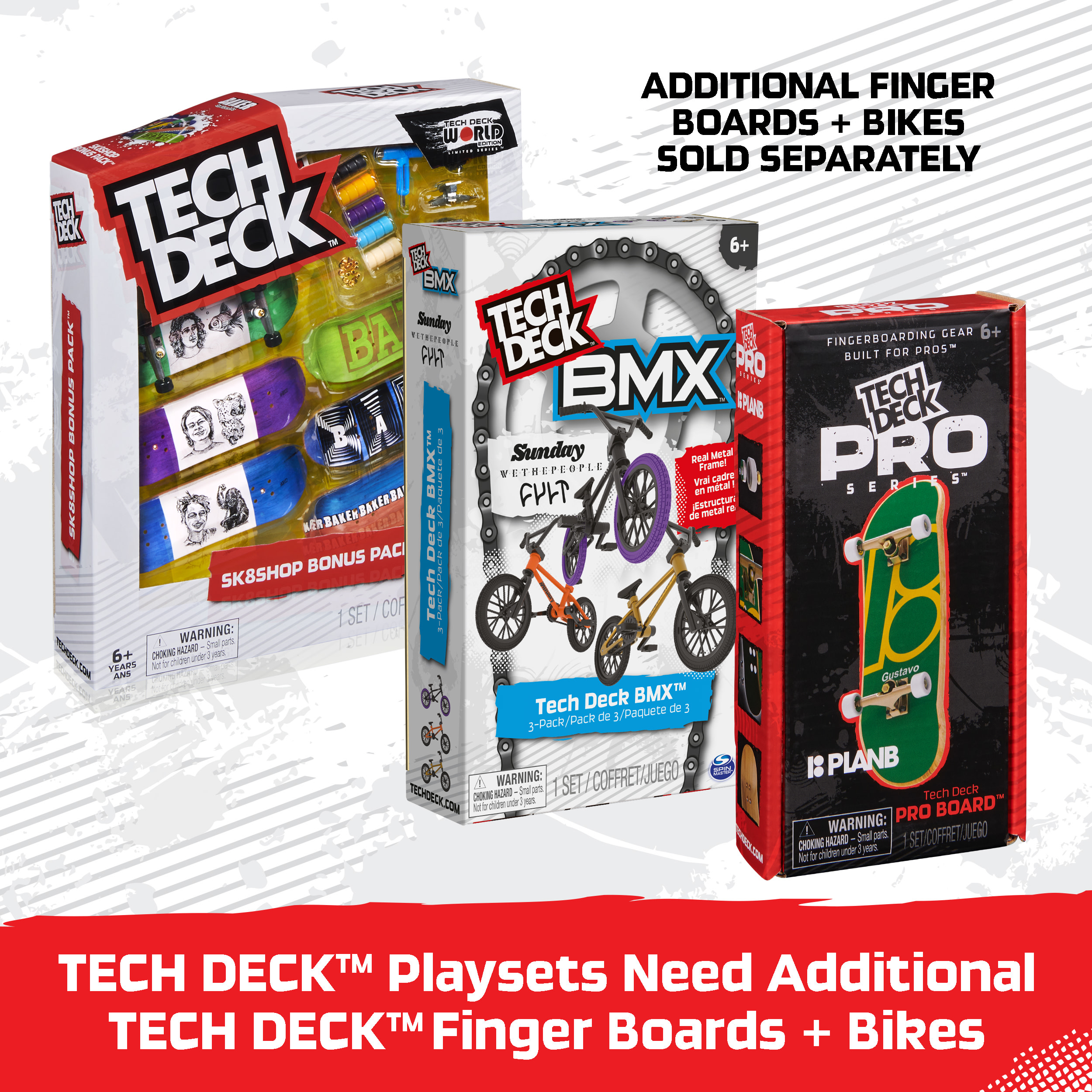 Juegos de Tech Deck con fingerboards y bicicletas. Se muestran varias cajas con monopatines y bicicletas BMX.