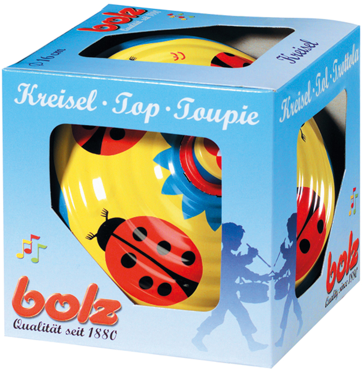 Żółta zabawka bąk w niebieskim pudełku z wzorami biedronek i ilustracją pudełka.