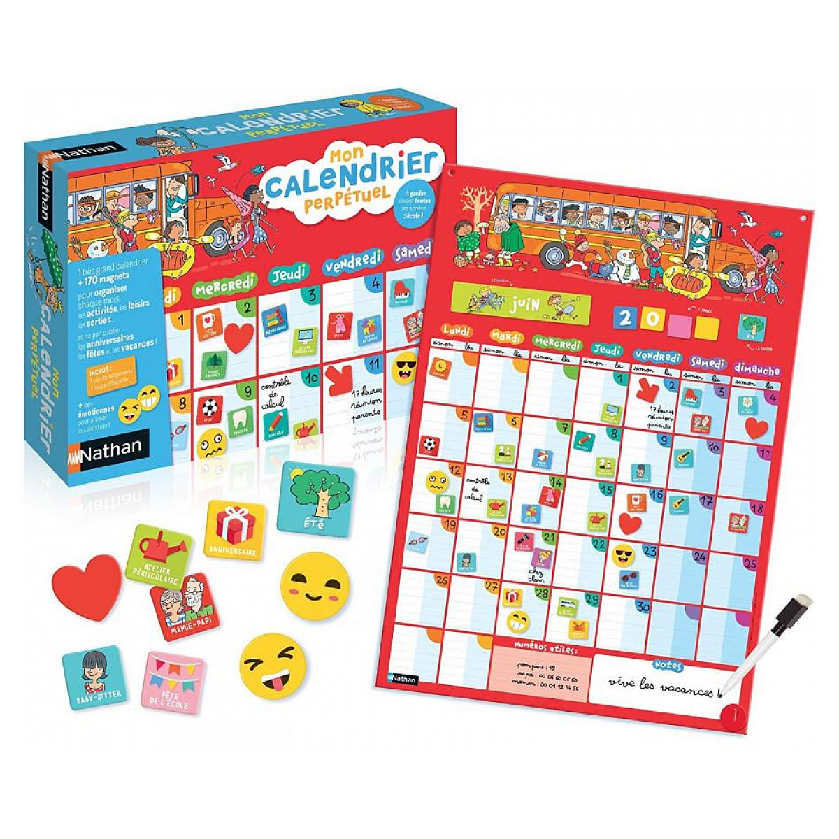 Kalendarz dla dzieci z naklejkami, kartami kalendarza i pudełkiem. Kalendarz jest otwarty.