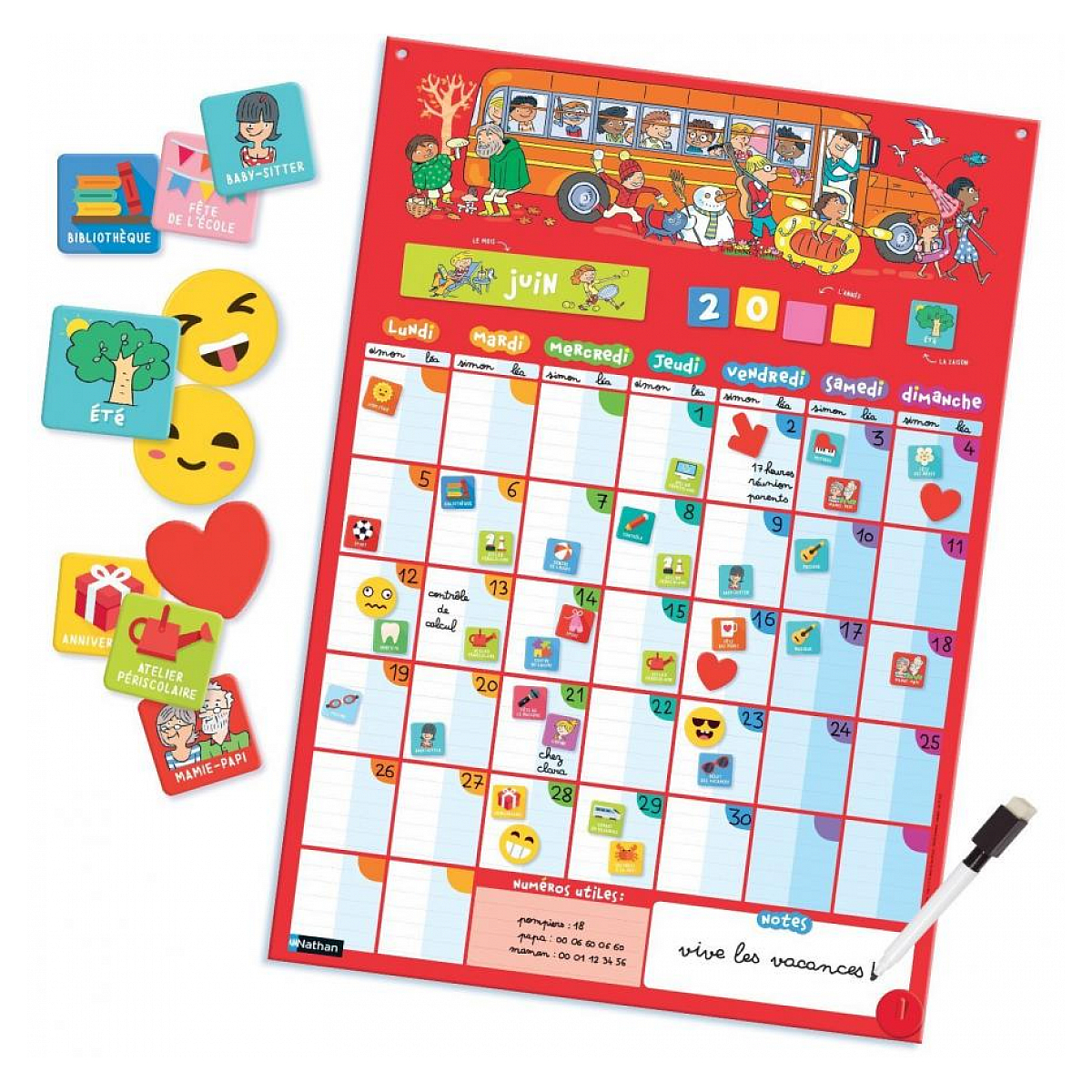 Czerwony kalendarz ścienny z naklejkami. Otwarty na czerwiec 2020 r., z czarnym markerem obok.