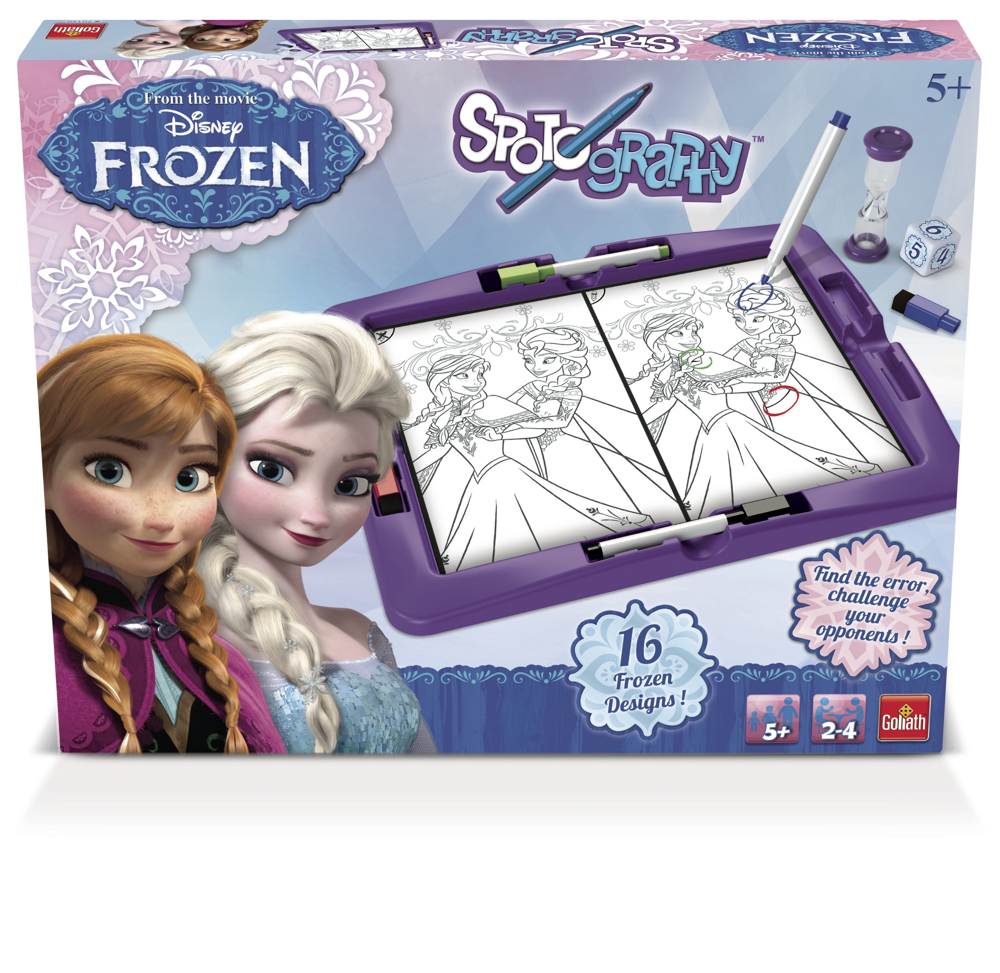 Una scatola di gioco da tavolo con il film Disney Frozen. Elsa e Anna sono sulla parte anteriore. Sfondo bianco.