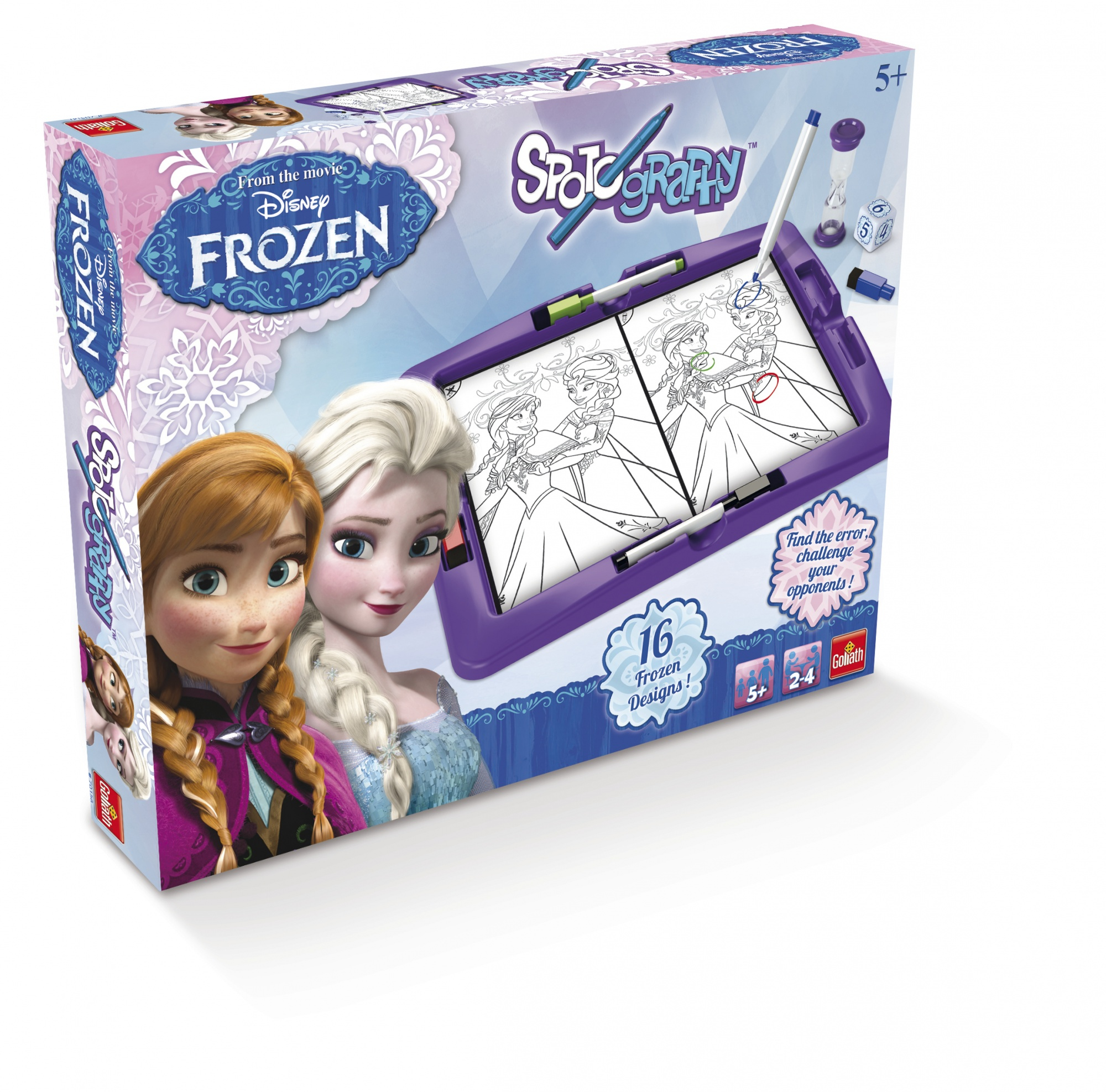 Una scatola di gioco Disney Frozen con Anna ed Elsa. La scatola è su una superficie bianca.