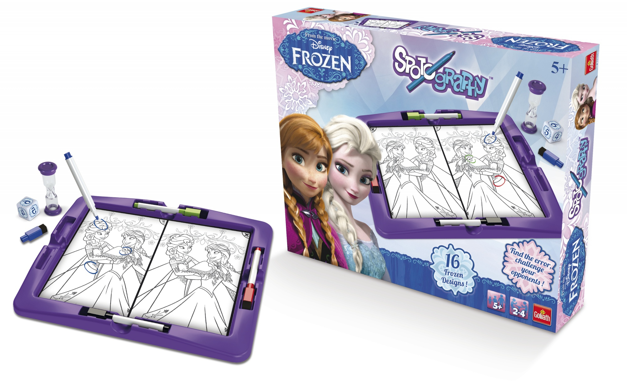 Due set del gioco Frozen Spot It! su una superficie bianca. Un set è aperto. La scatola è a destra.