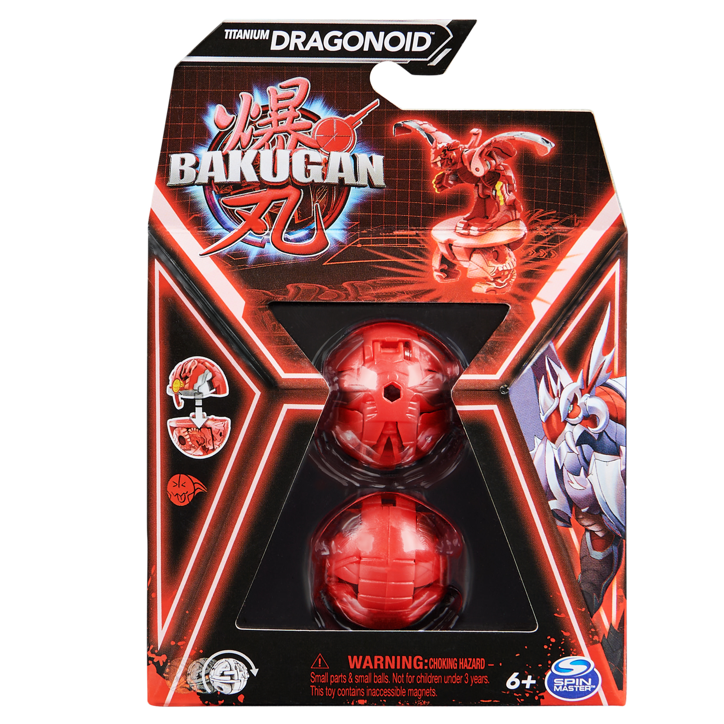 Pudełko zawierające zabawki Bakugan, w kolorach czerwonym i czarnym, z etykietą ostrzegawczą.