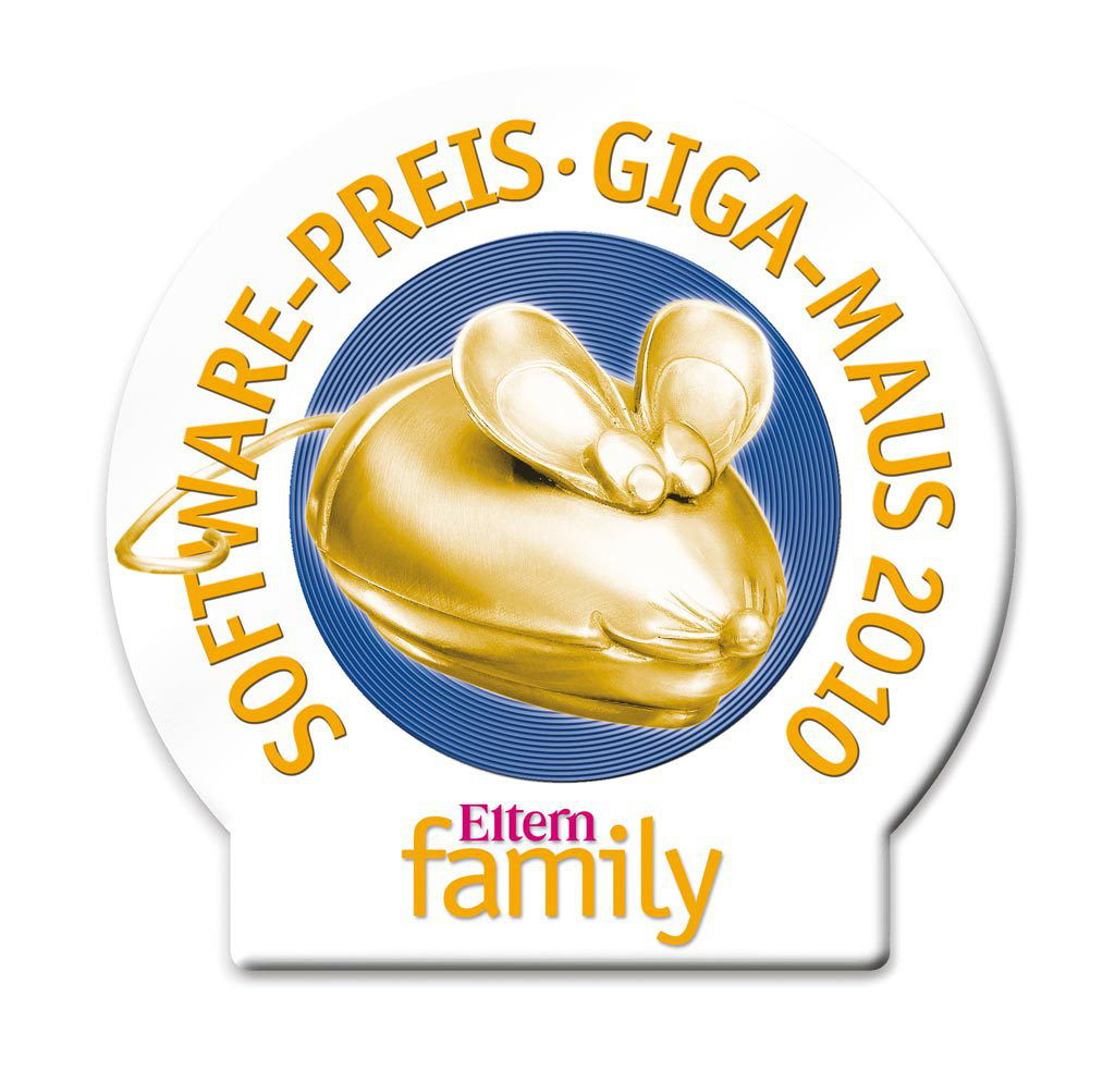 Ein goldener Maus-Award mit Text in einem Kreis. Darunter steht 'Eltern family'.
