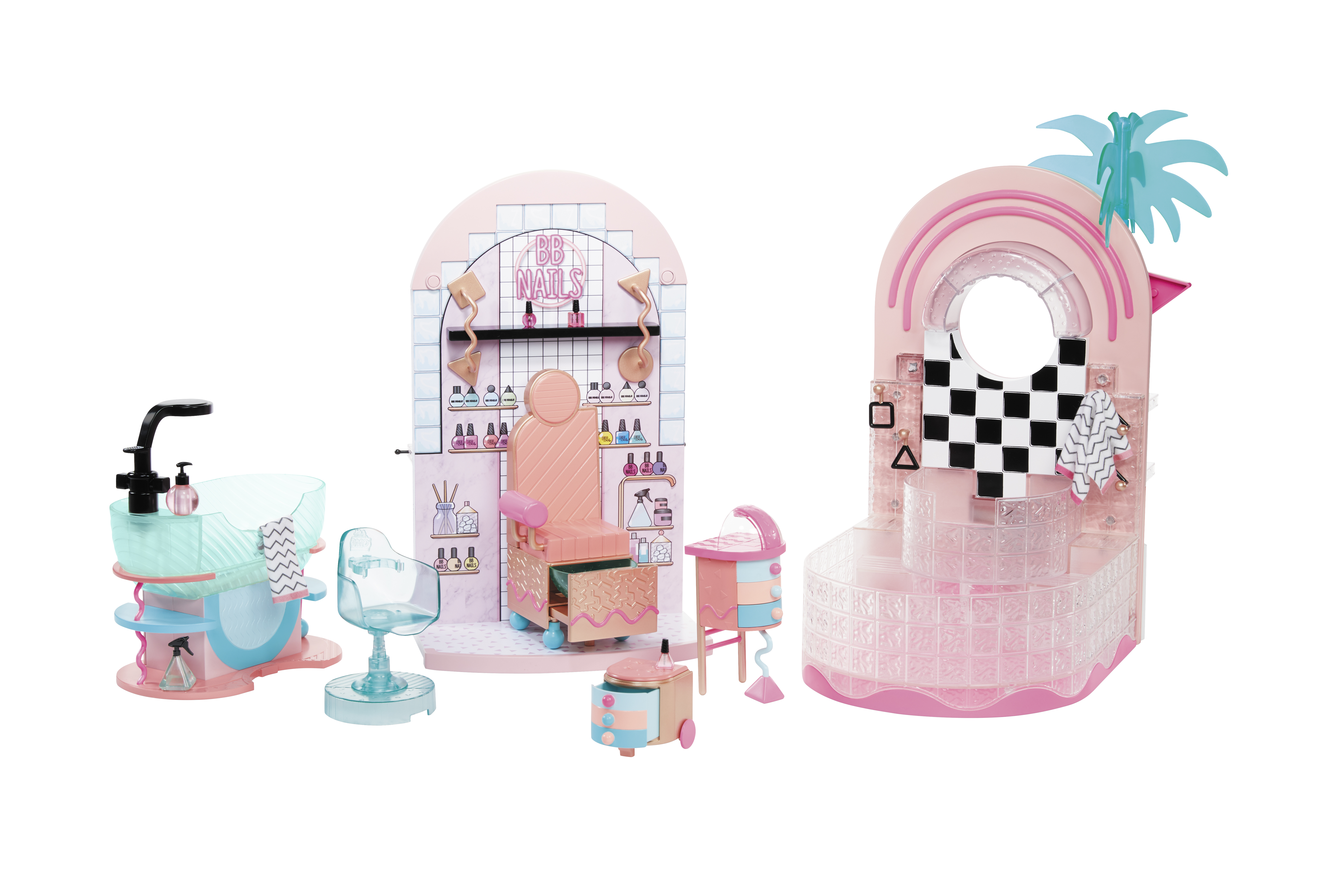 Różowy i biały zestaw do salonu paznokci, z wieloma stanowiskami i akcesoriami na białym tle.