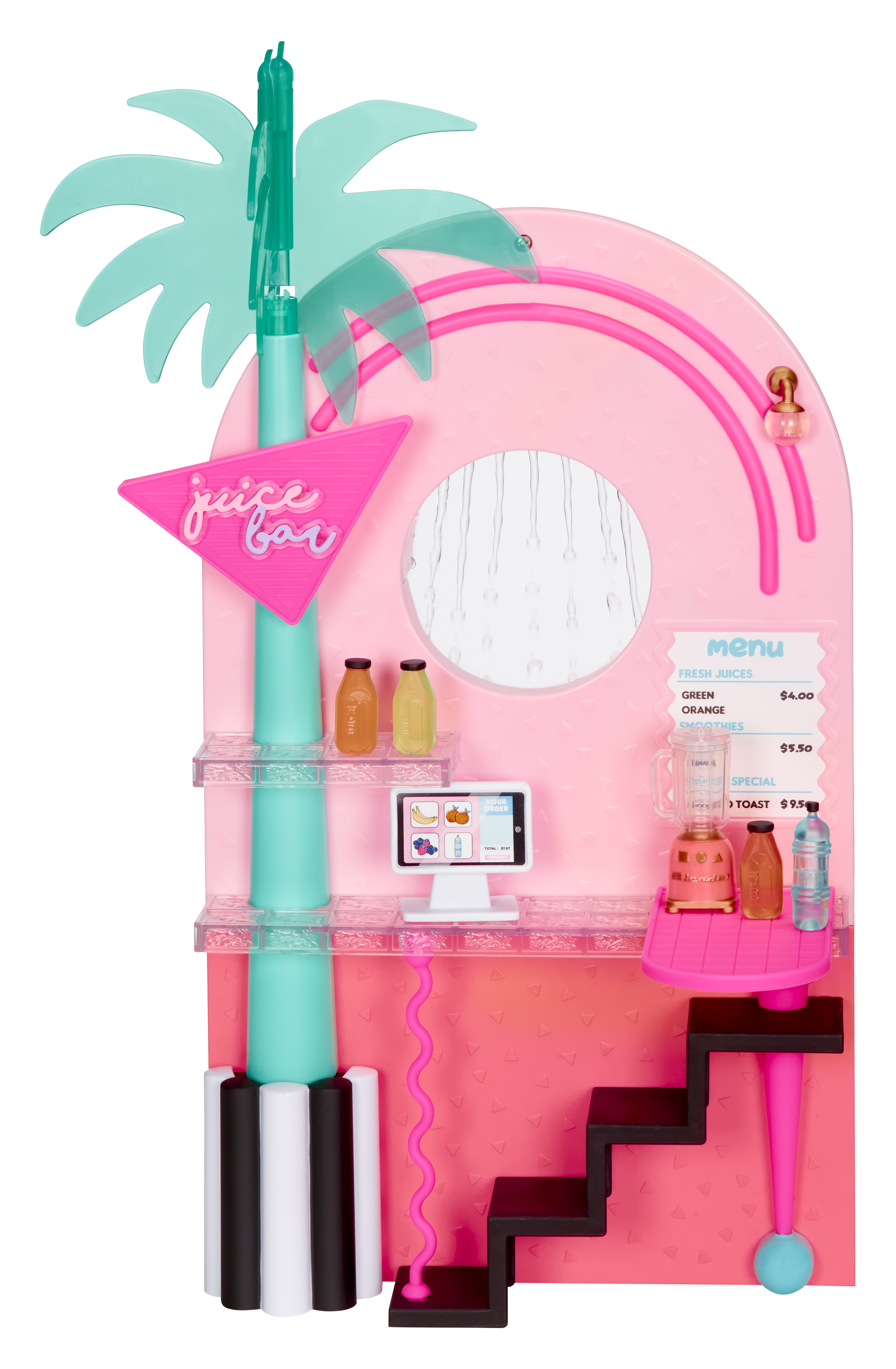 Różowy zestaw do zabawy w barze z sokami. Jest szyld z napisem bar z sokami, menu i ladą.