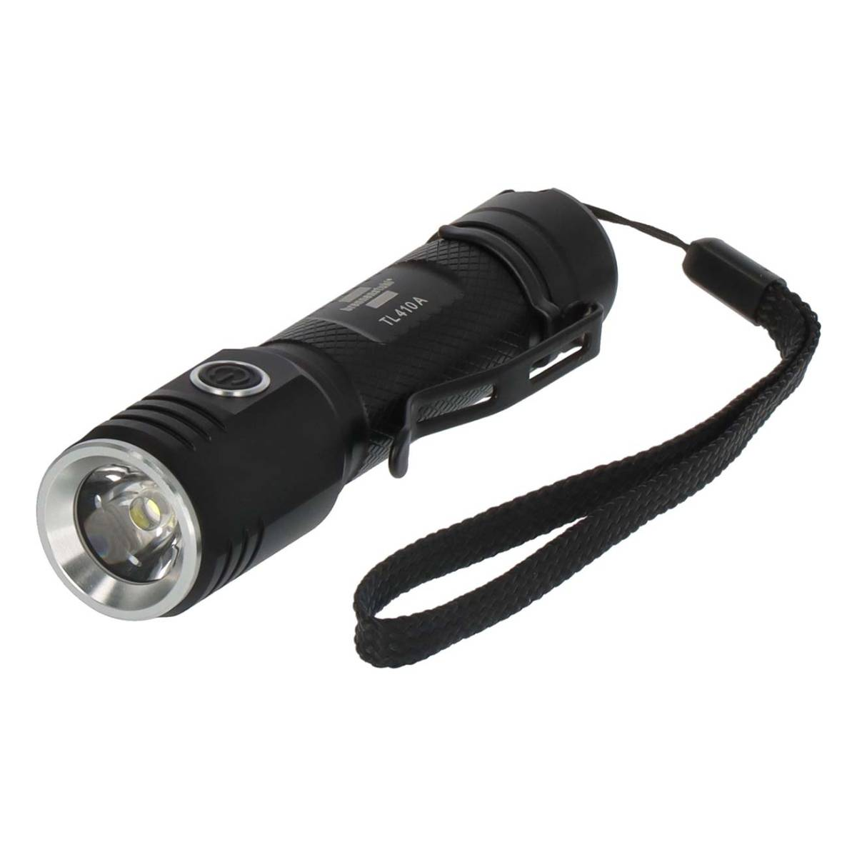 Czarna latarka z paskiem na nadgarstek na białym tle. Pierwszy plan: latarka. Tło: białe.