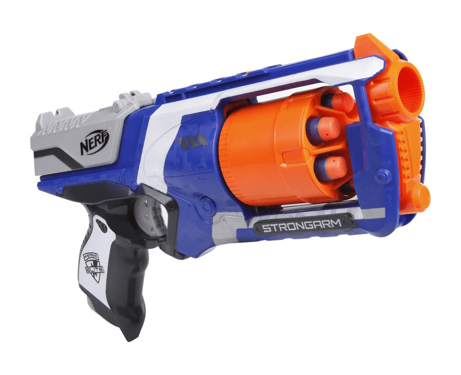 Pistola giocattolo Nerf Strongarm. È blu, bianca e arancione, con manico nero.