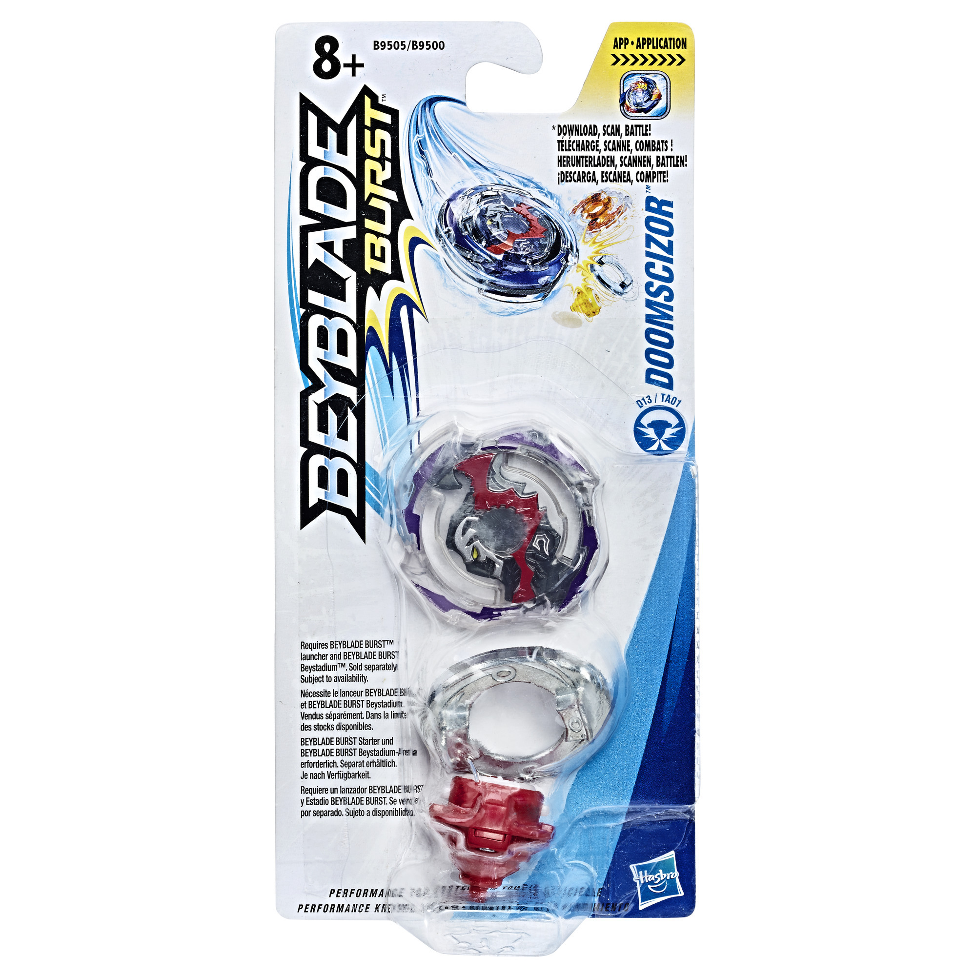 Confezione del giocattolo Beyblade Burst. Mostra una trottola viola e bianca e un componente lanciatore argentato. Sfondo bianco.