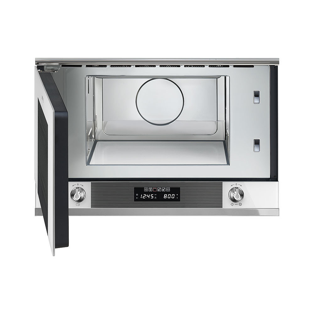 Een witte Smeg magnetron met de deur open. Binnenkant zichtbaar, met glazen plaat en bedieningspaneel.