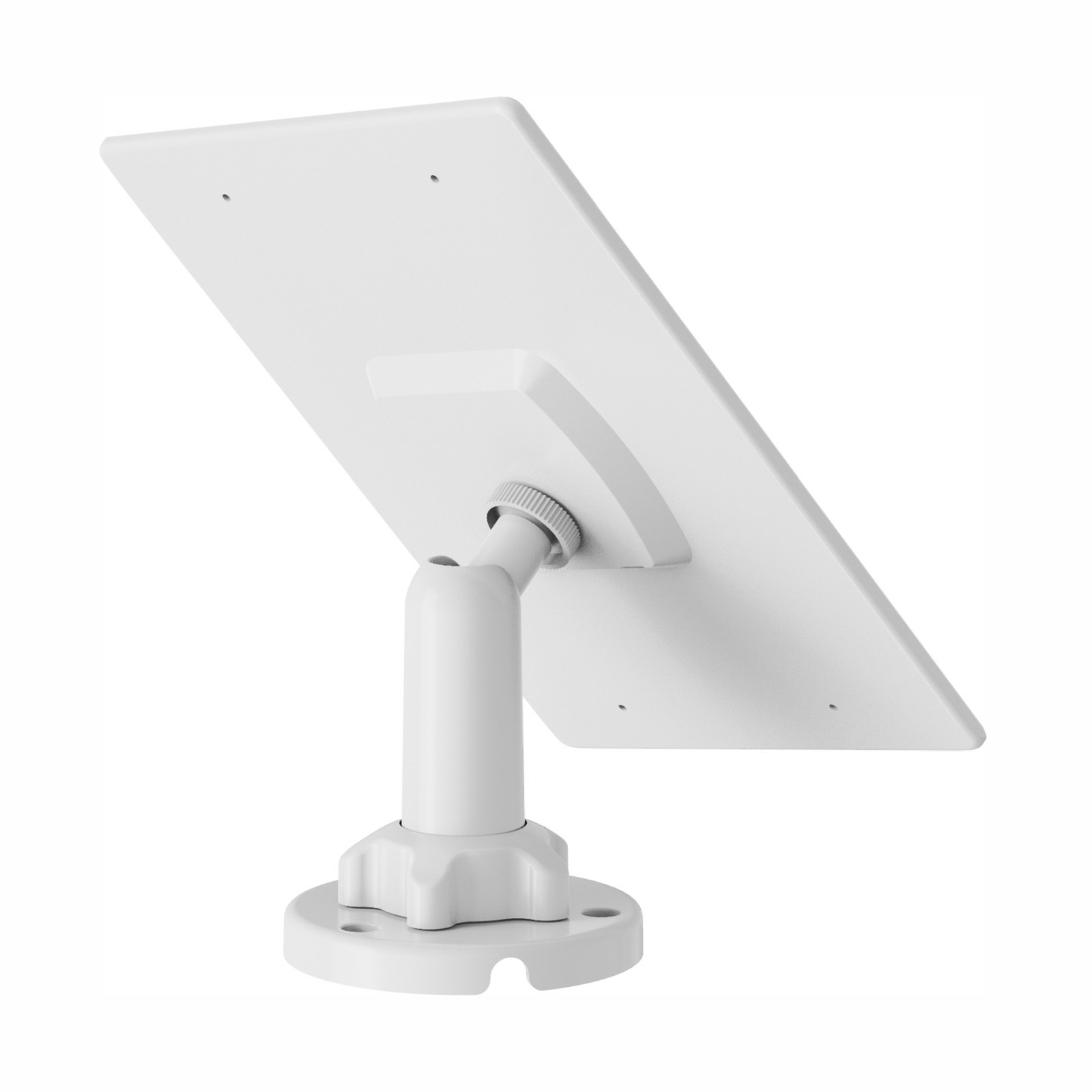 Biały uchwyt na tablet. Ma prostokątną płytkę i okrągłą podstawę. Widoczny jest tył.